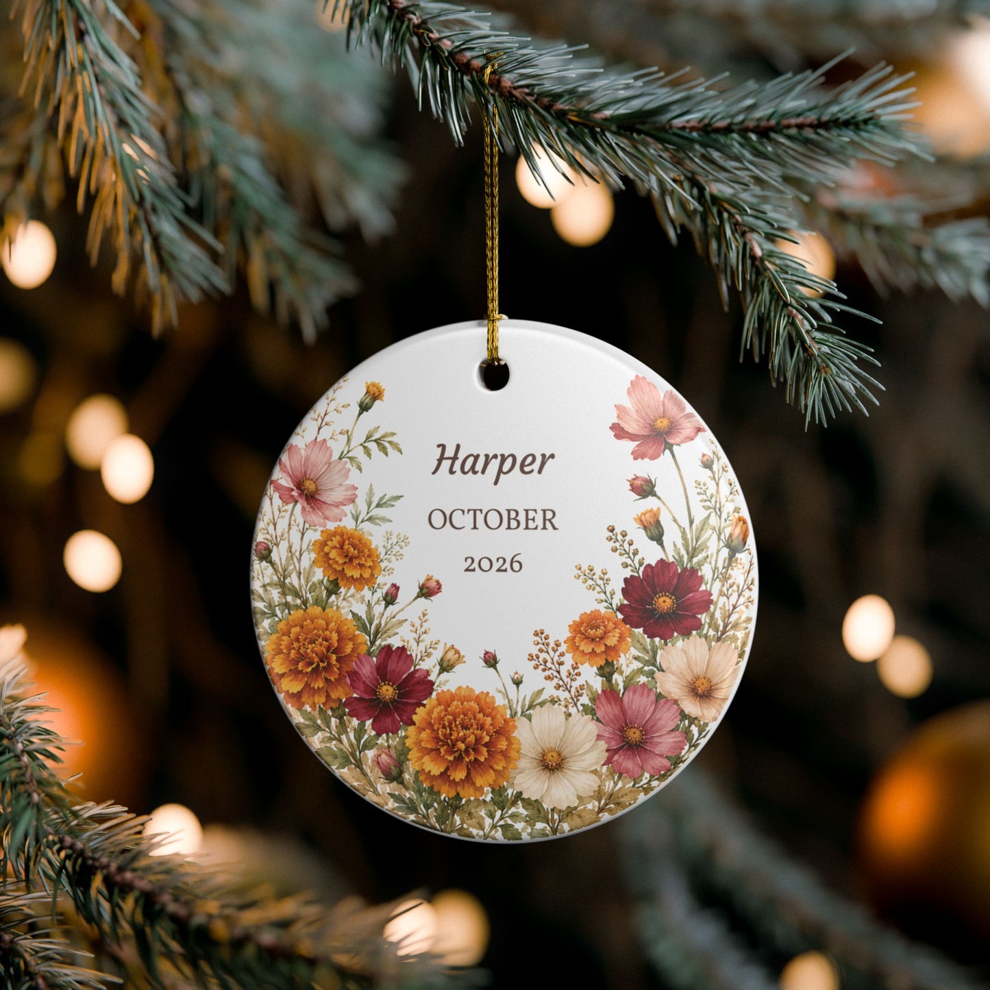 Personalized Floral Birth Month Ceramic Ornament — Custom Name & Year (October 2026)