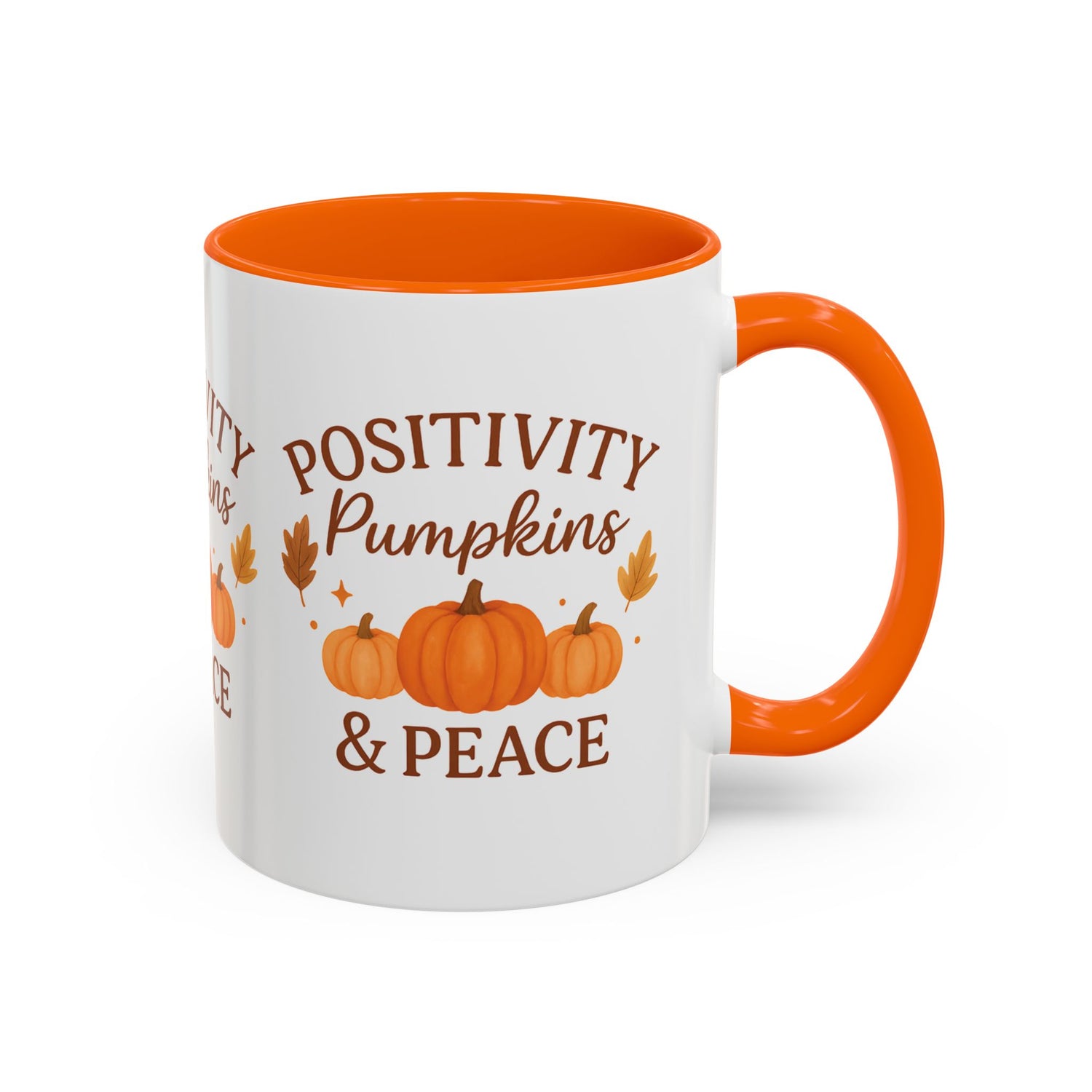 White mug with orange interior and handle, featuring pumpkins and text on a white background