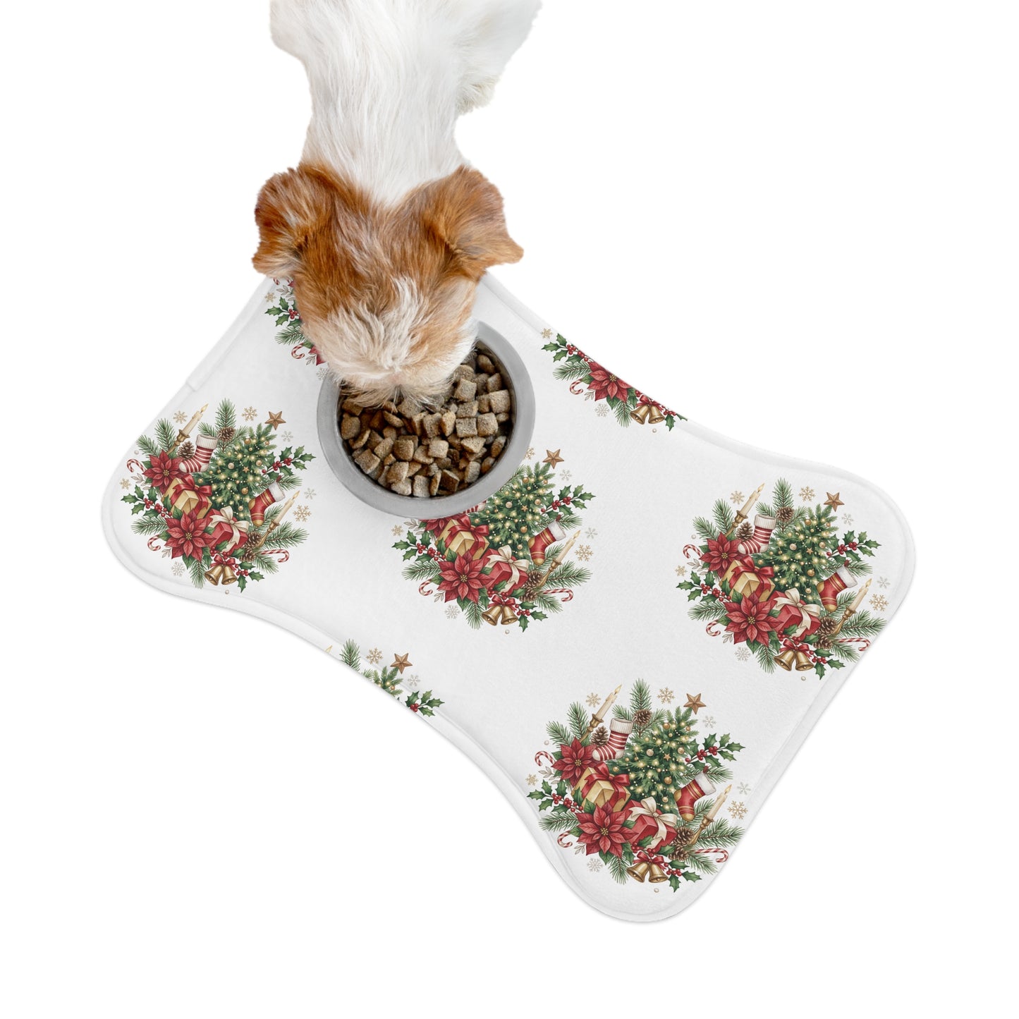 Christmas Pet Feeding Mat — Festive Poinsettia & Tree Placemat for Dogs