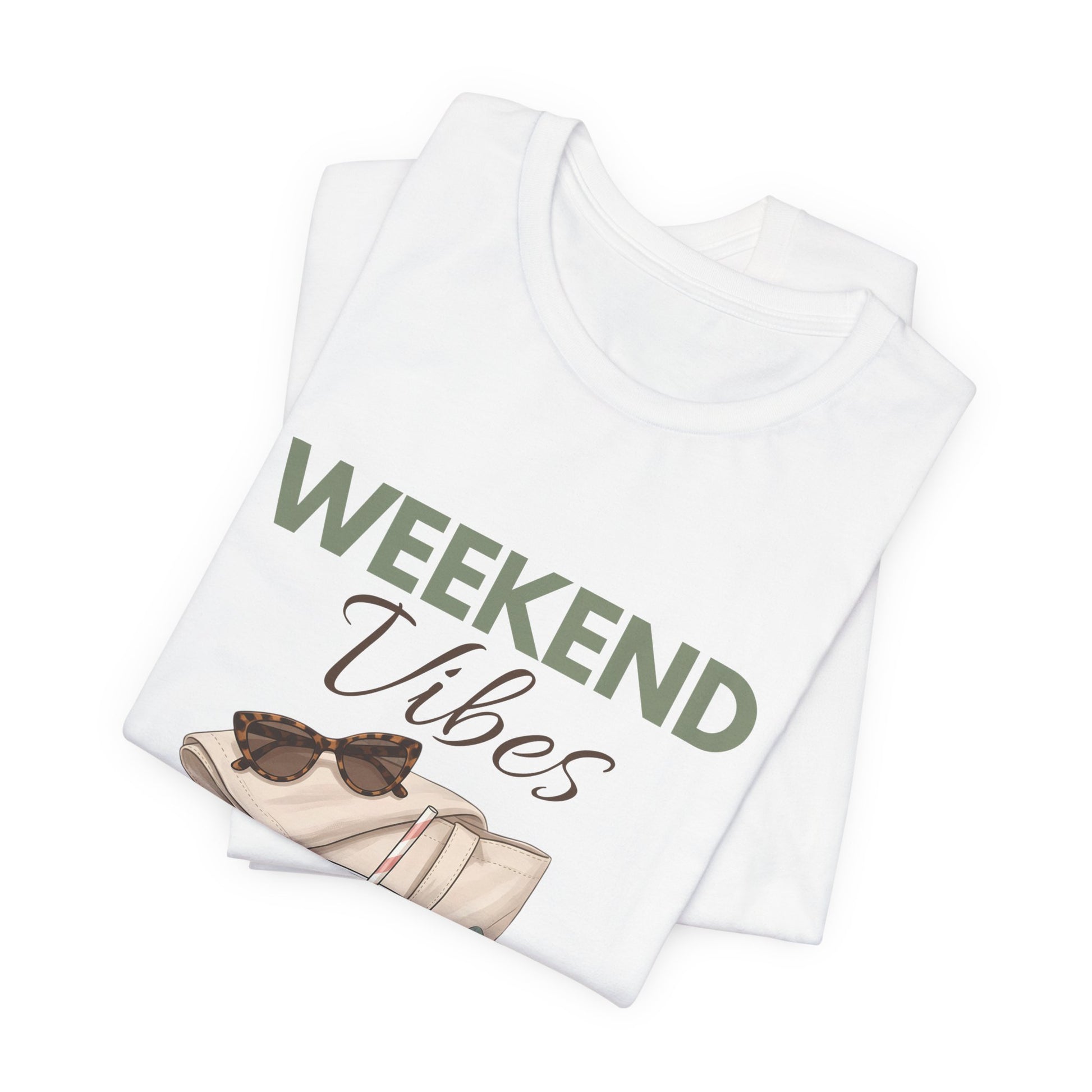 White t-shirt with 'Weekend Vibes' text and sunglasses graphic on a white background