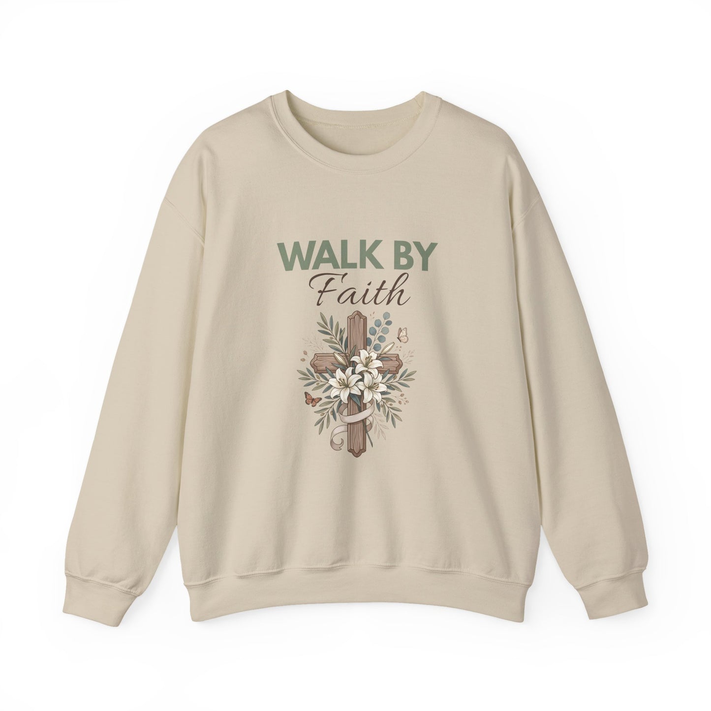 A sand colored crewneck sweatshirt with 'WALK BY Faith' on the front.