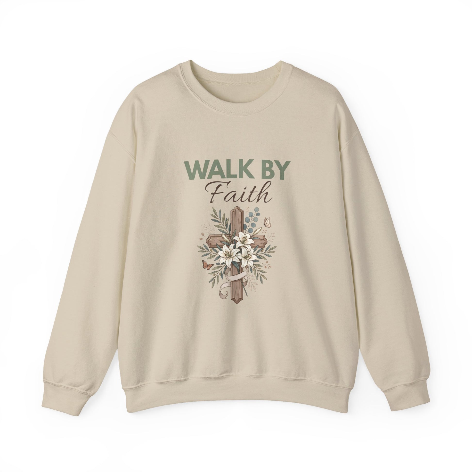 A sand colored crewneck sweatshirt with 'WALK BY Faith' on the front.