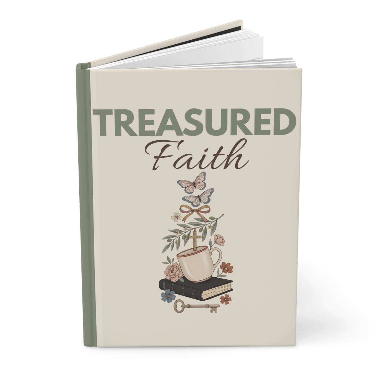 Treasured Faith Hardcover Journal — Faith-Inspired Notebook with Floral & Mug Illustration