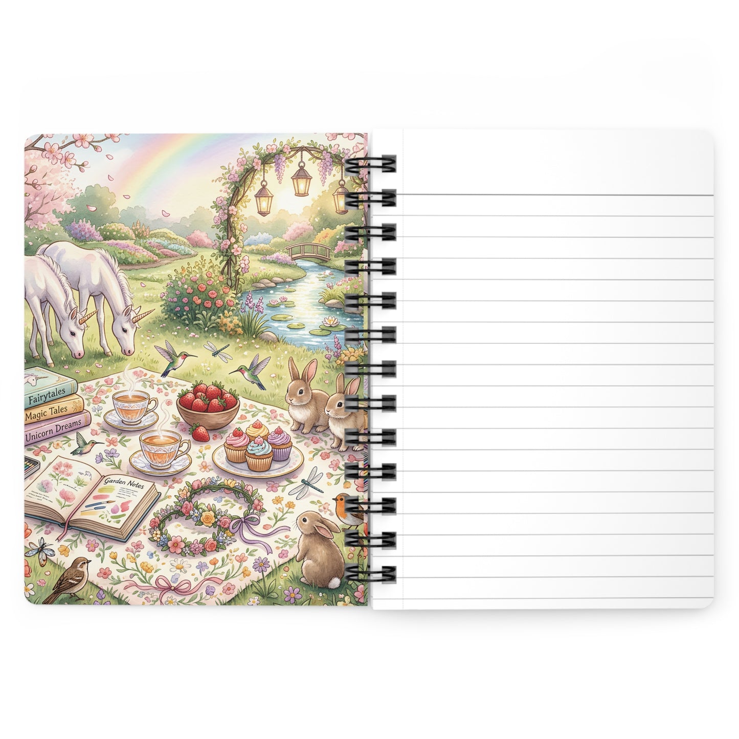 Whimsical Garden Tea Party Spiral Journal — Unicorn Picnic & Rainbow Illustration