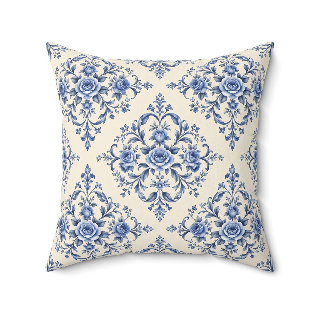 Blue Delft Floral Throw Pillow — Vintage Damask Square Accent Pillow