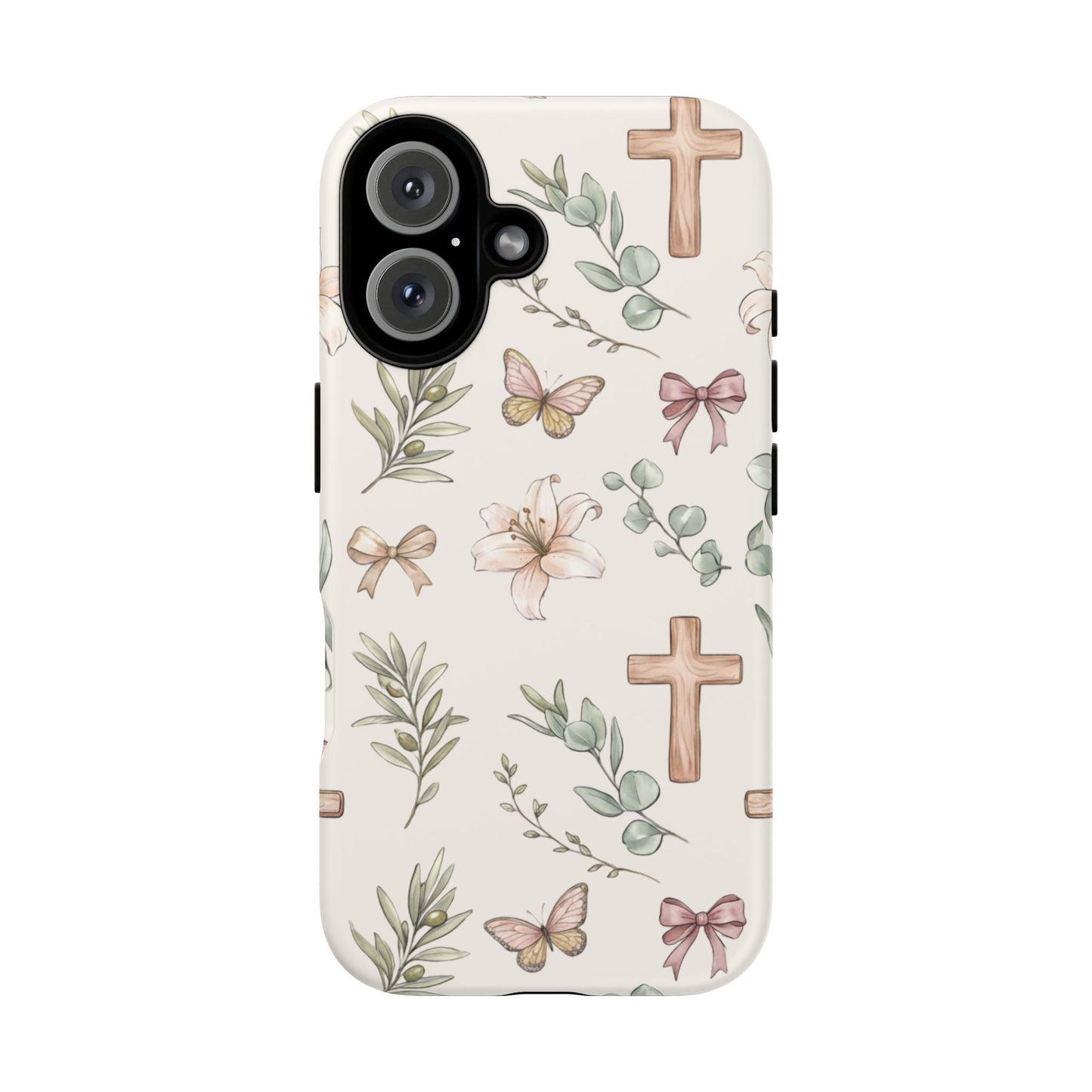 Floral Cross Tough Phone Case — Pastel Butterflies & Bows Christian Design
