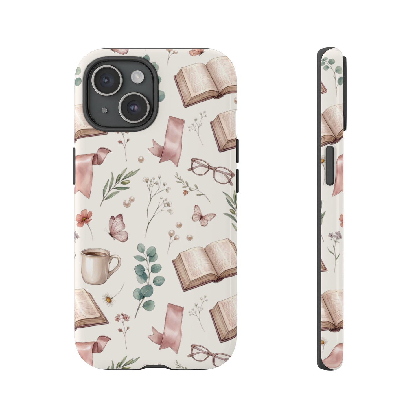 Bookish Floral Phone Case — Cozy Reading Pattern with Open Books, Glasses & Coffee