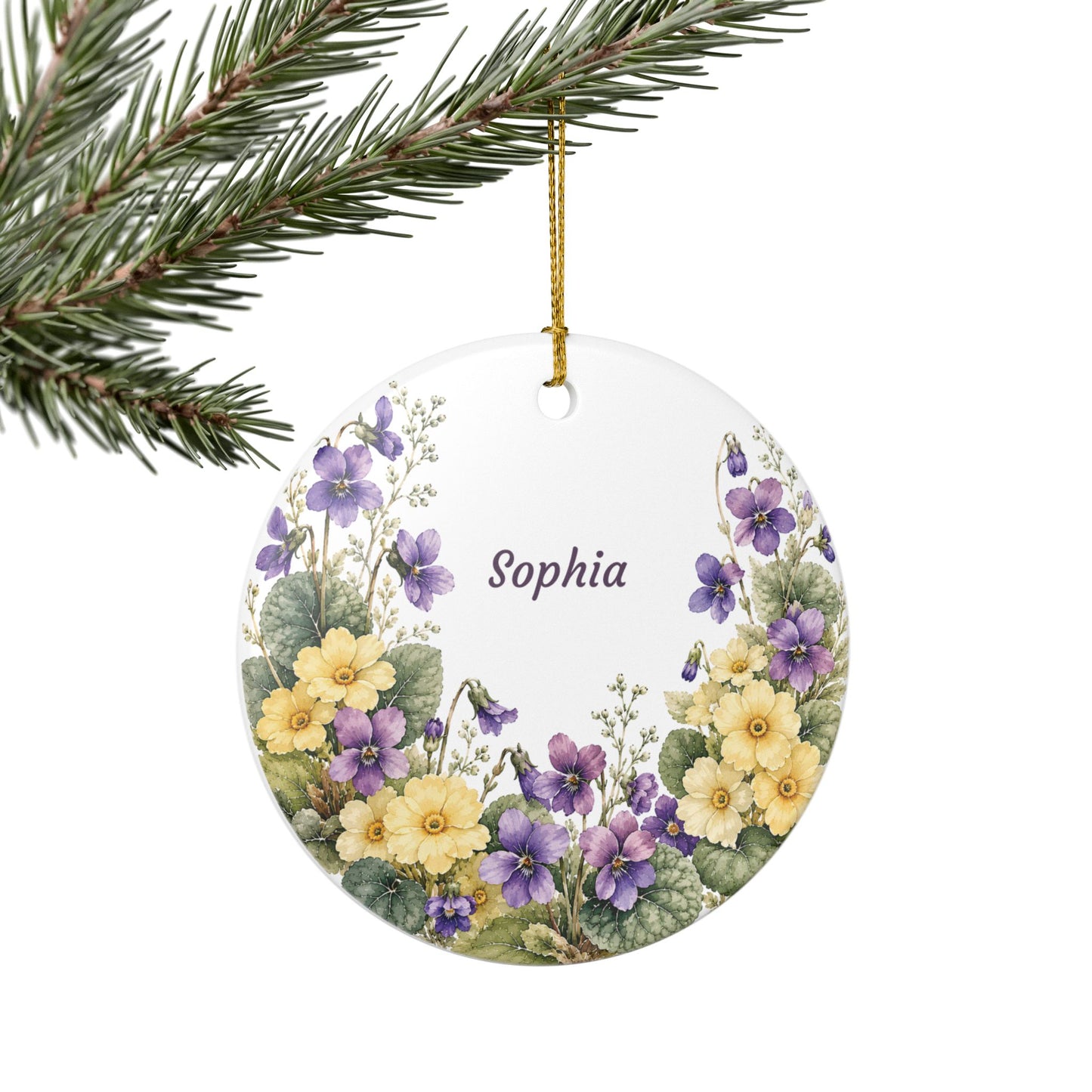 Personalized Floral Ceramic Ornament — Custom Name Violet & Yellow Flower Decoration
