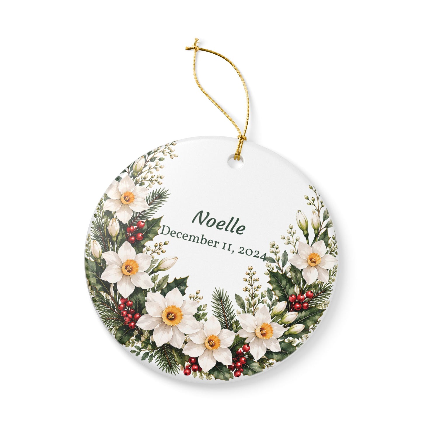 Personalized Ceramic Holiday Ornament — Floral Wreath with Name & Date