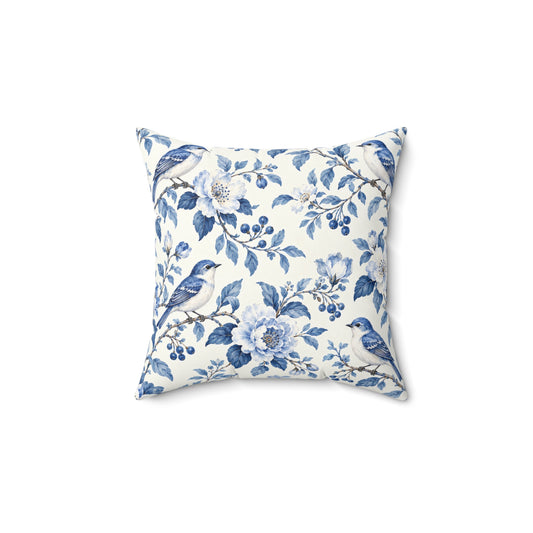 Blue Floral Bird Throw Pillow — Vintage Toile Square Decorative Pillow