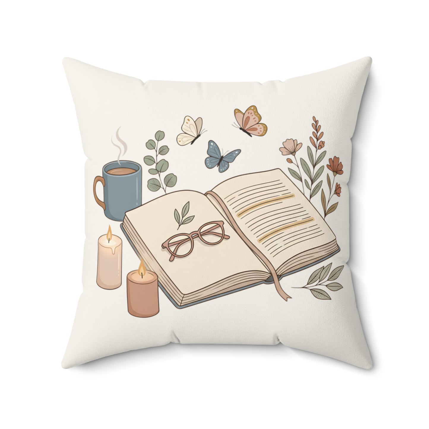 Cozy Reading Pillow — Open Book & Tea Decorative Throw Pillow
