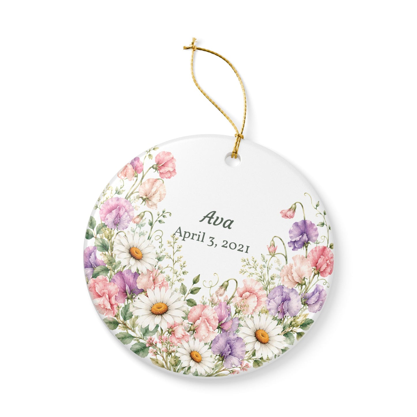 Personalized Floral Name Ornament — Customized Ceramic Keepsake (Name & Date)