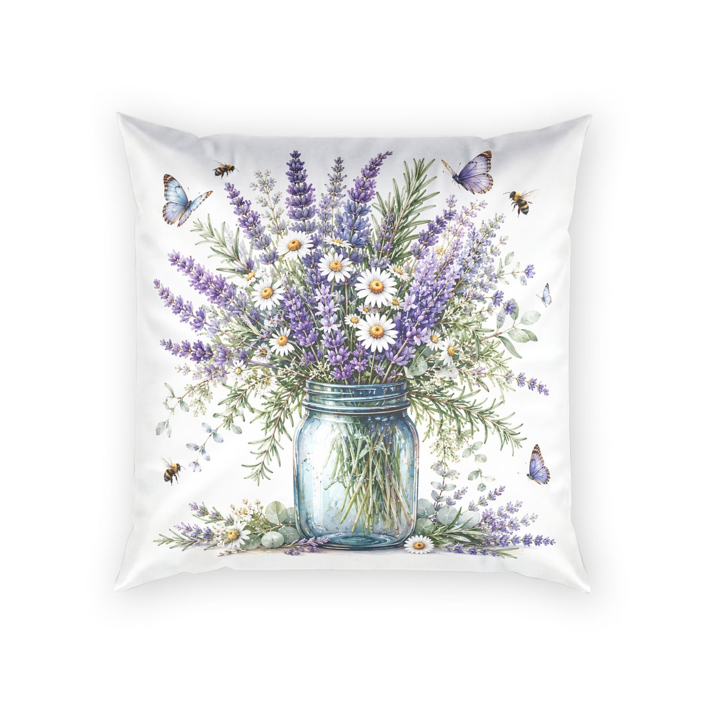 Lavender & Daisies Mason Jar Pillow — Floral Velvet Throw Cushion