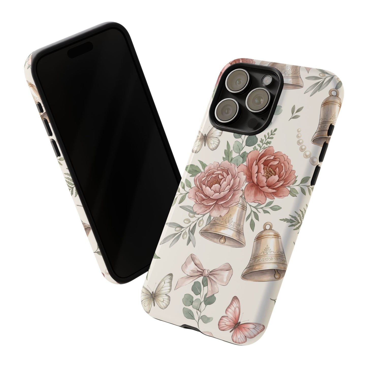 Floral Wedding Bells Phone Case — Vintage Roses, Butterflies & Bow Protective Tough Case