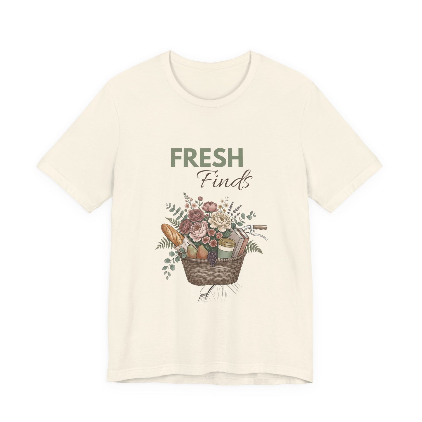 A natural colored t-shirt with 'FRESH Finds' on the front.