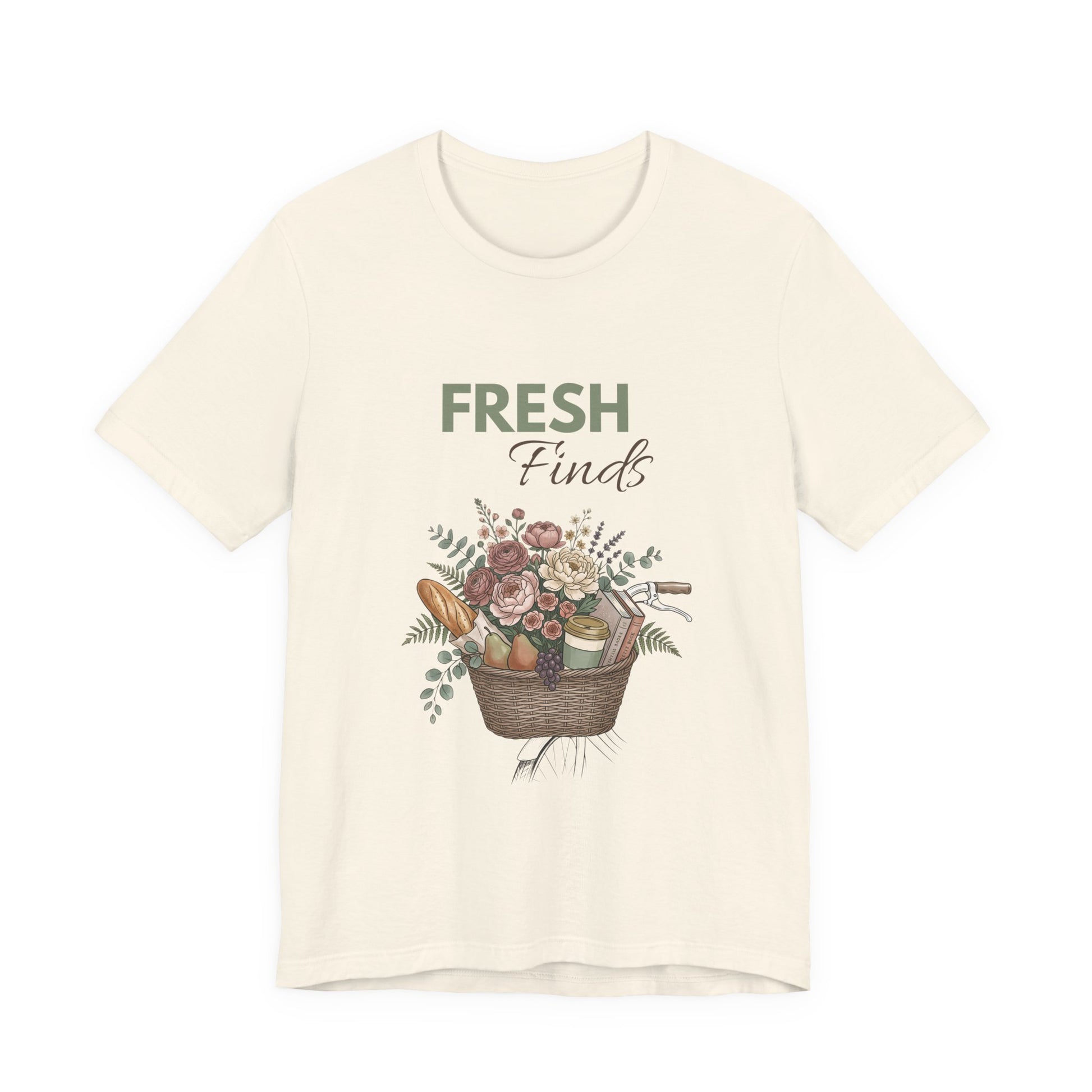 A natural colored t-shirt with 'FRESH Finds' on the front.