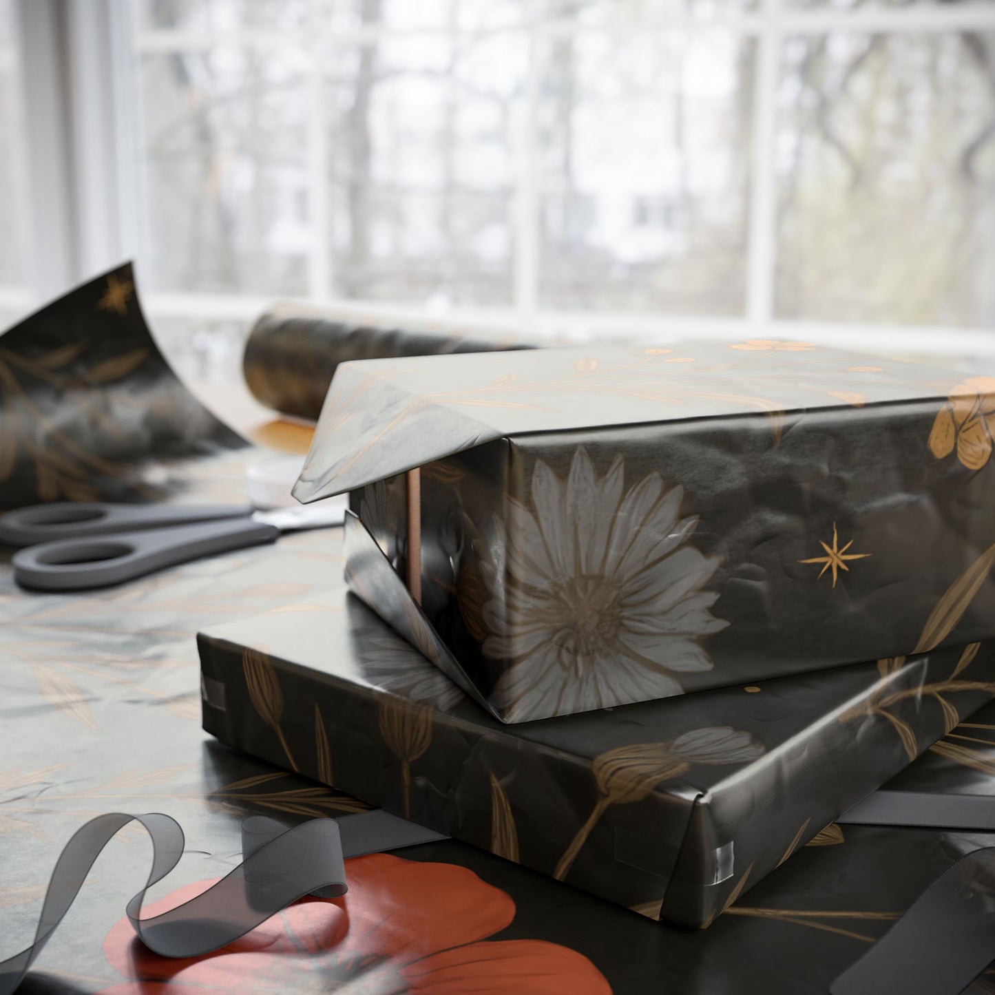 Moody Wildflower Wrapping Paper – Vintage Floral on Black Background