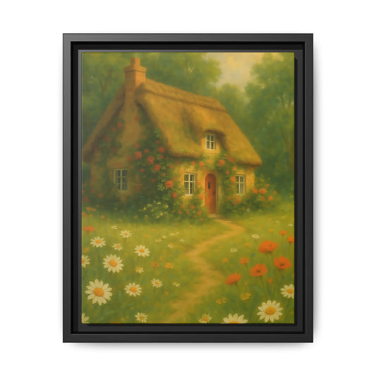 Cottage in Bloom – Framed Matte Canvas Art of Thatched Cottage & Wildflowers