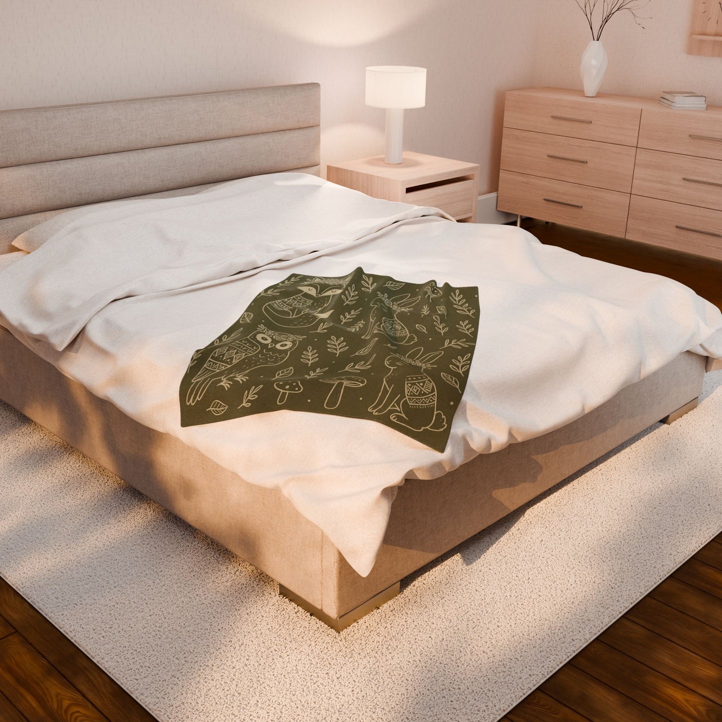Boho Woodland Animal Velveteen Plush Blanket – Forest Green