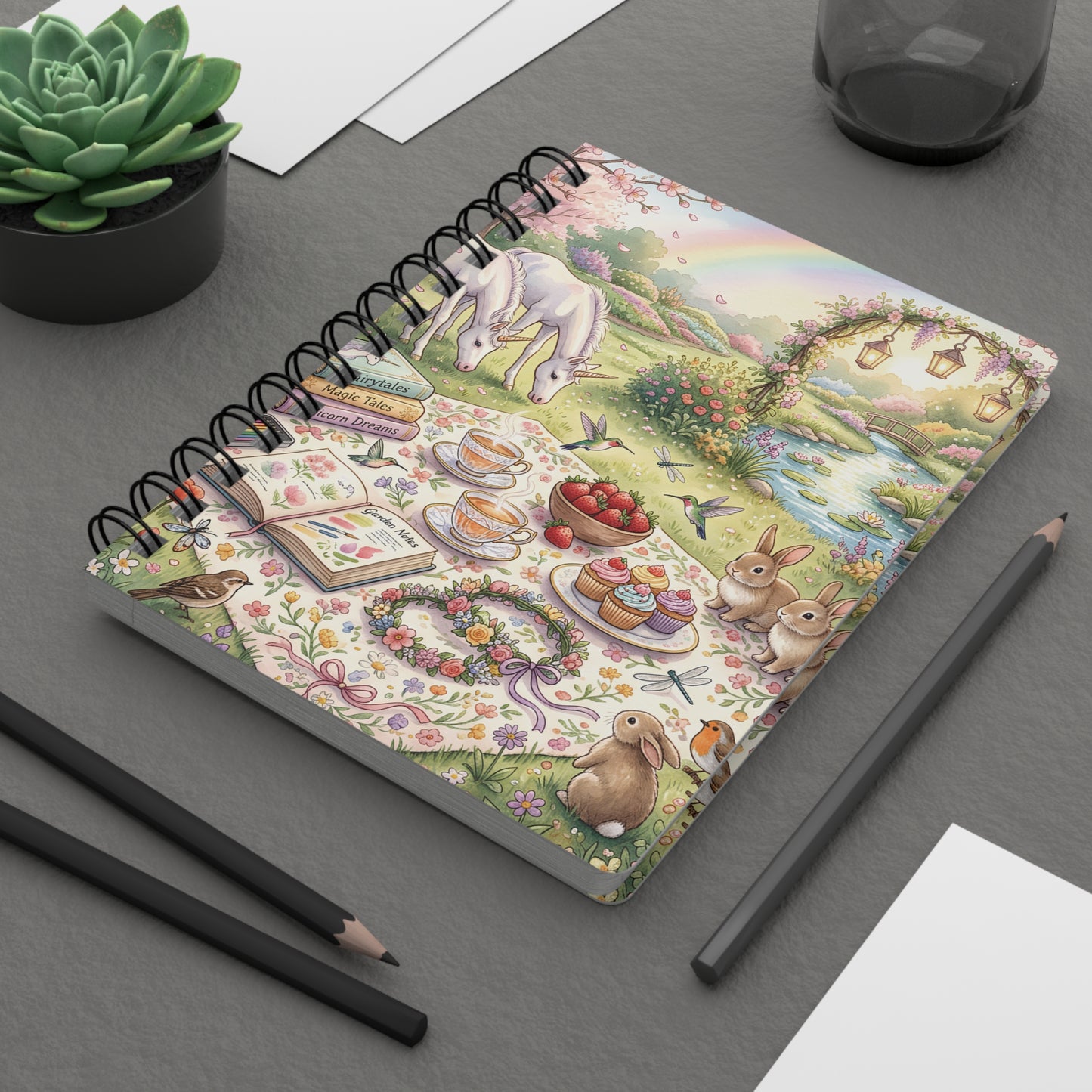 Whimsical Garden Tea Party Spiral Journal — Unicorn Picnic & Rainbow Illustration