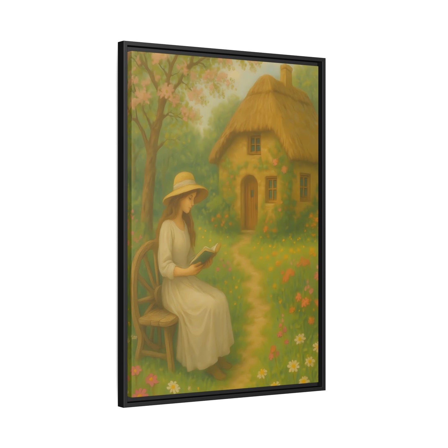 Cottage Garden Reader – Framed Matte Canvas Wall Art of Woman Reading by a Thatched Cottage