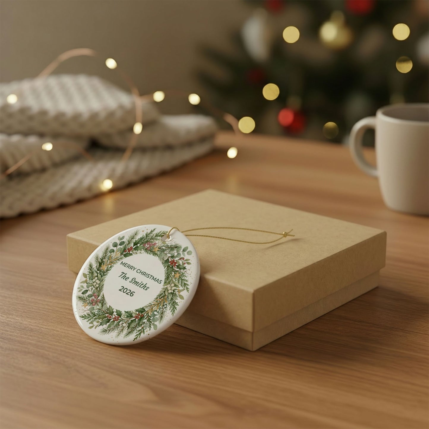 Personalized Ceramic Christmas Ornament – Green Holiday Wreath, 'Merry Christmas The Smiths'