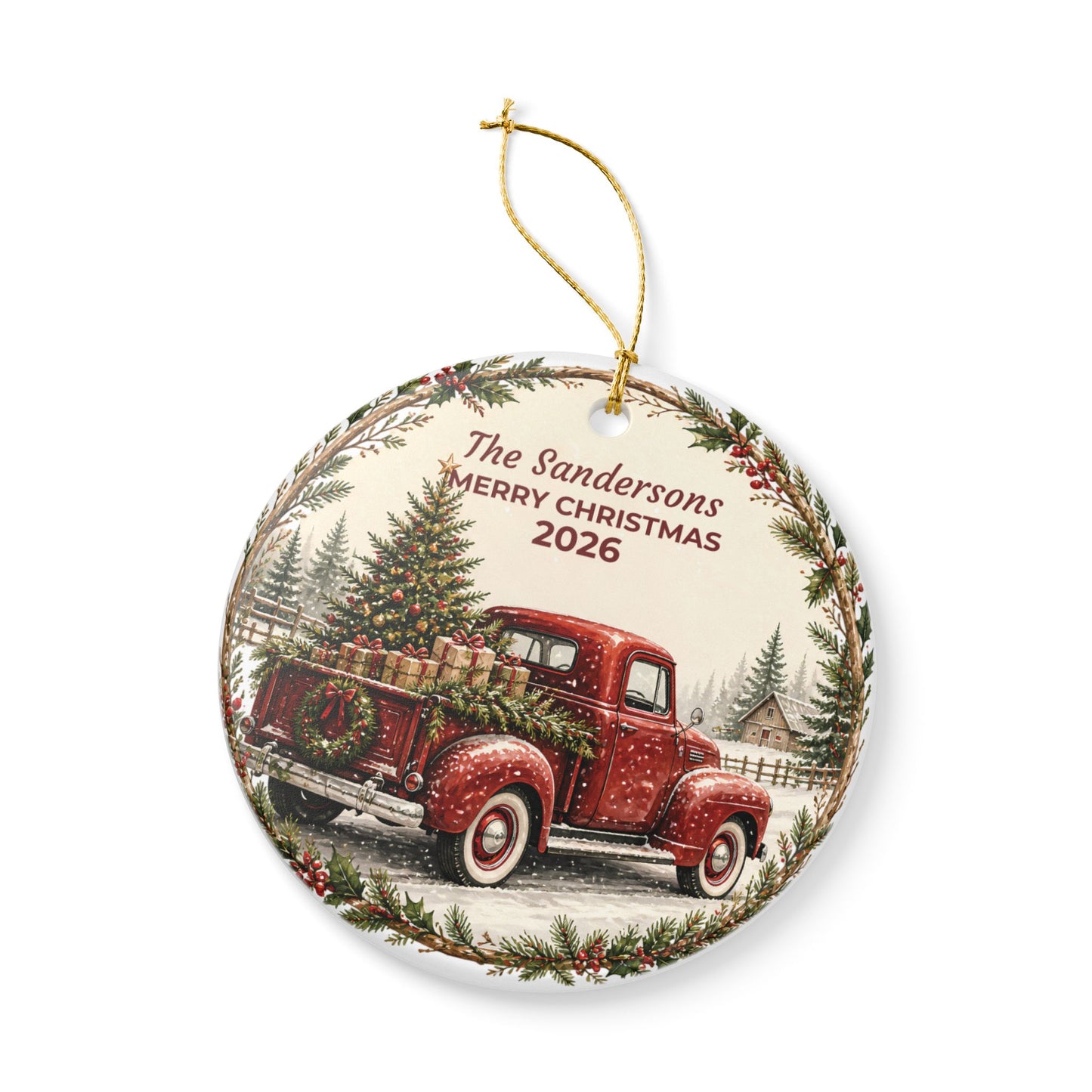 Personalized Ceramic Christmas Ornament — Vintage Red Truck "The Sandersons Merry Christmas"