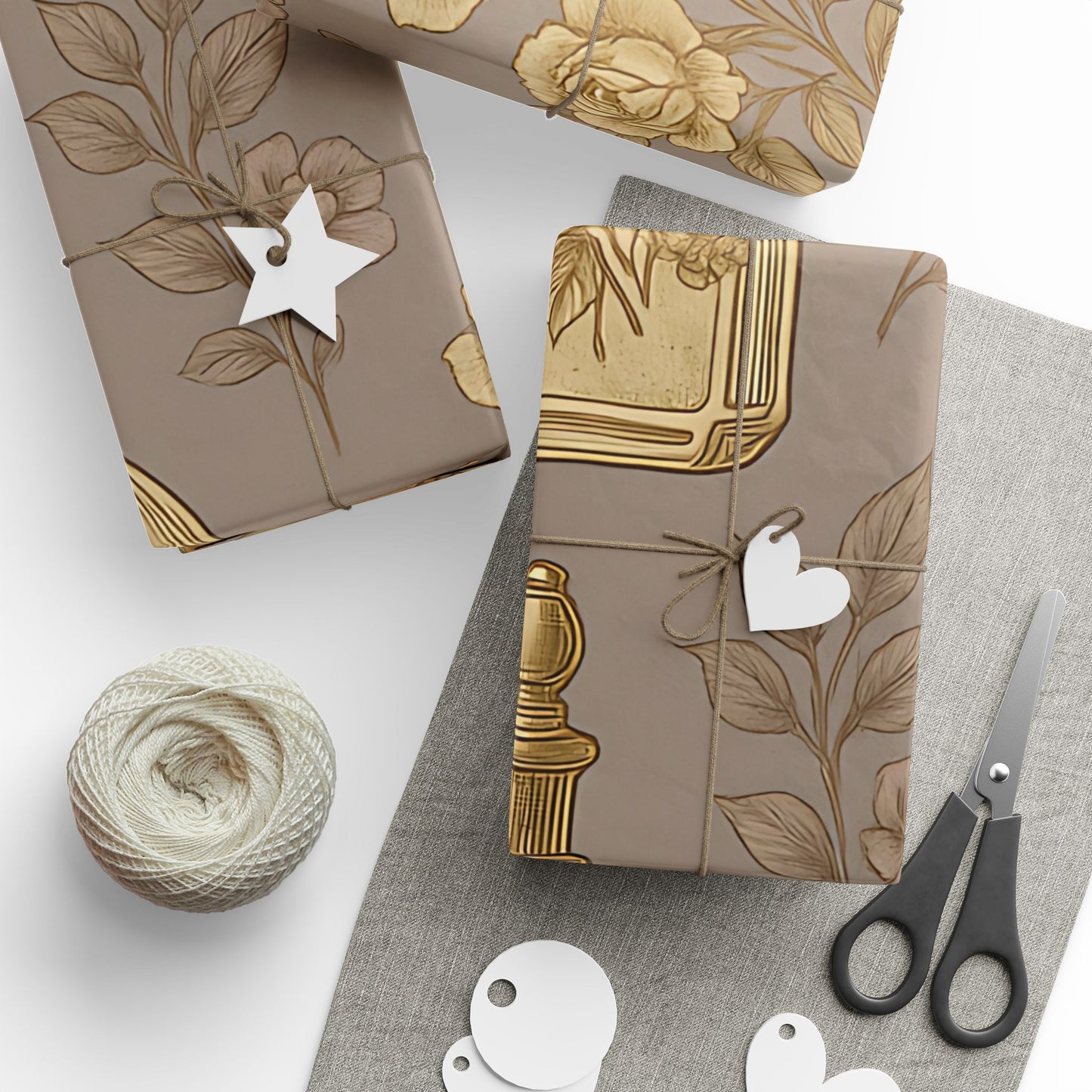 Vintage Perfume Bottle Wrapping Paper – Elegant Gold Floral Gift Wrap in Glossy or Matte