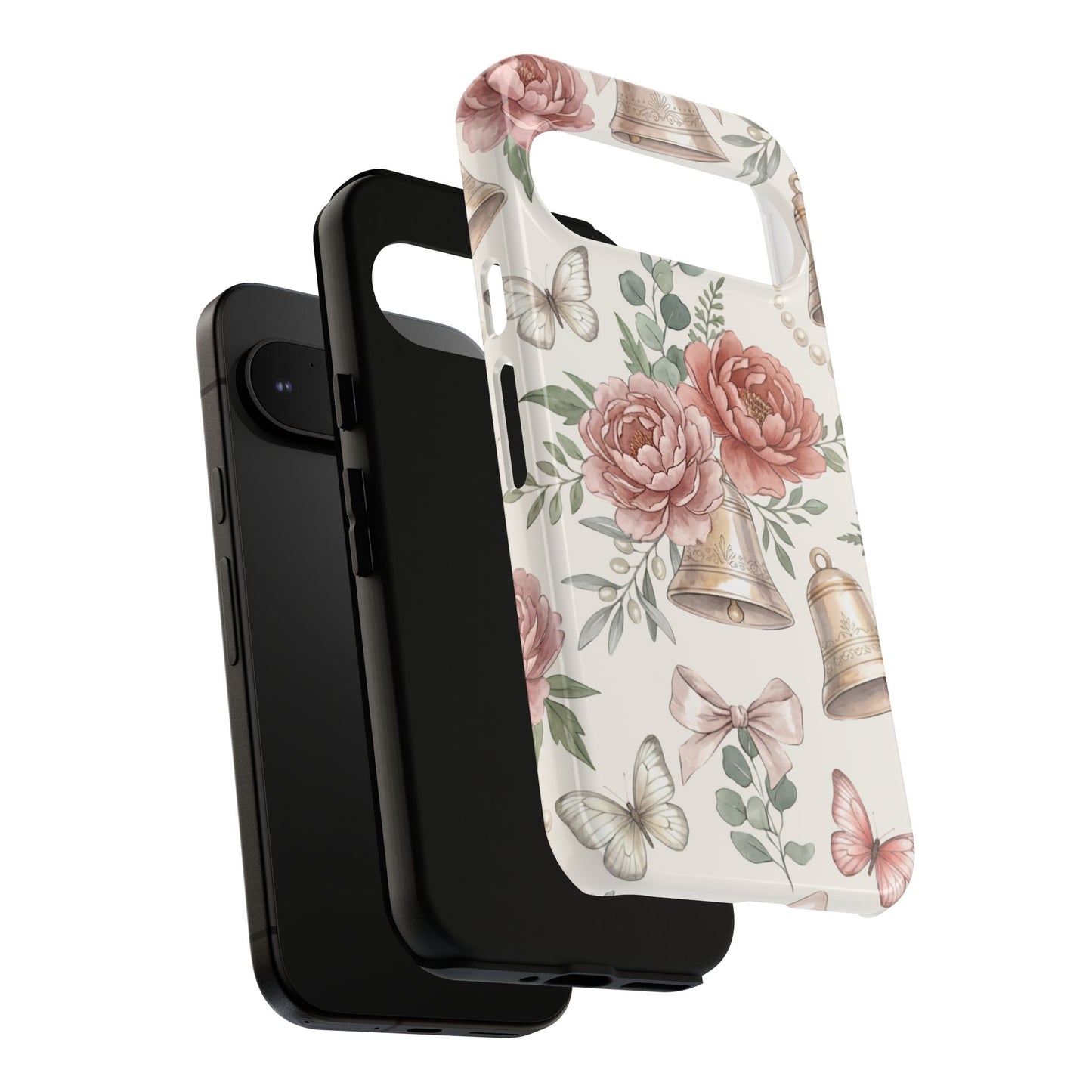 Floral Wedding Bells Phone Case — Vintage Roses, Butterflies & Bow Protective Tough Case