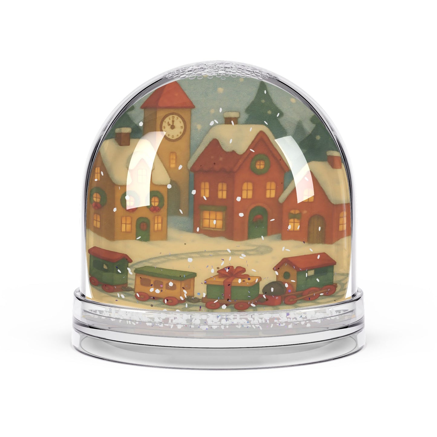 Holiday Village & Toy Train Snow Globe – Festive Town Scene with Two-Sided Print