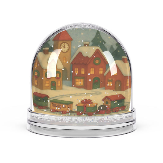 Holiday Village & Toy Train Snow Globe – Festive Town Scene with Two-Sided Print