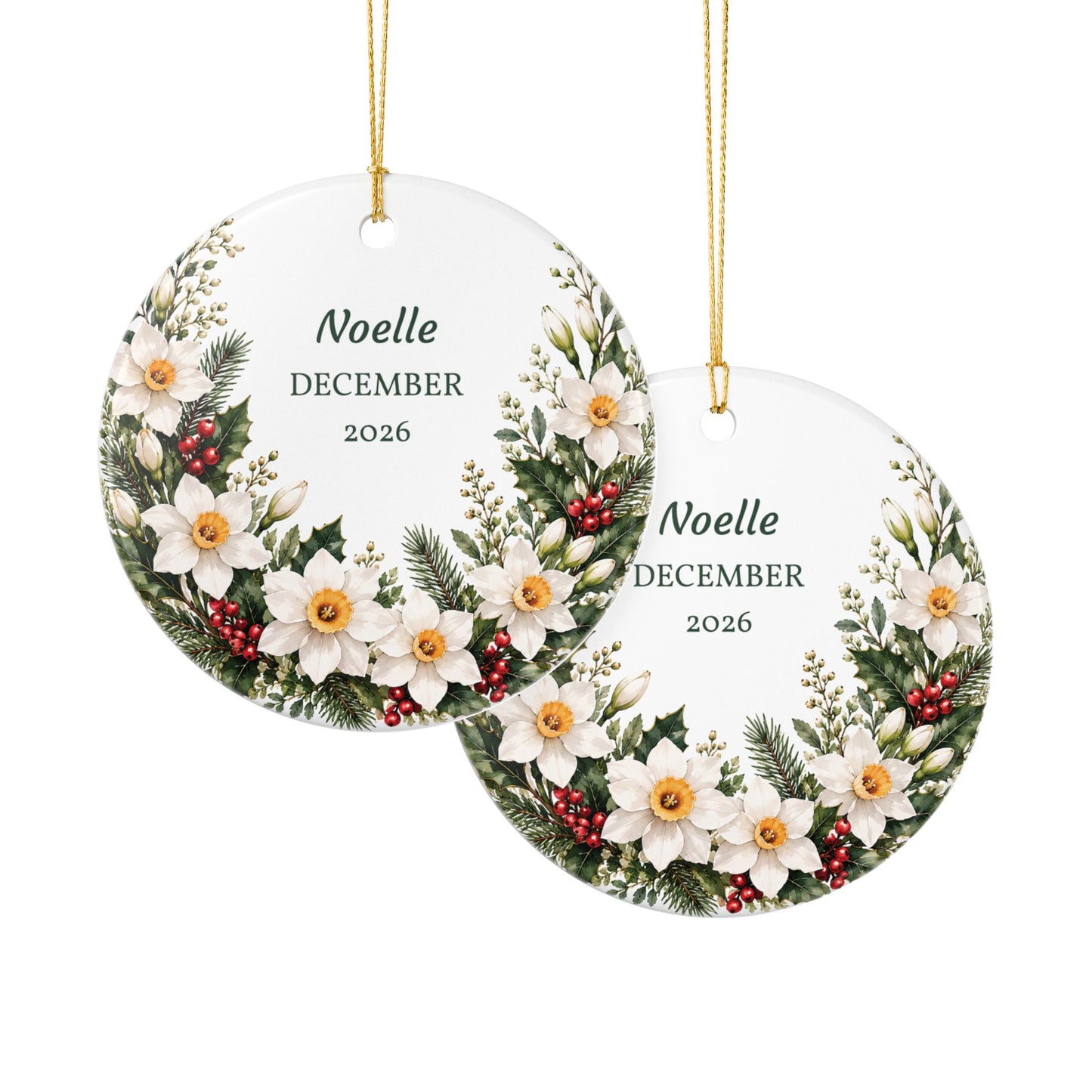 Personalized Christmas Ornament - Floral Wreath Ceramic Holiday Decoration (Name & Month/Year)