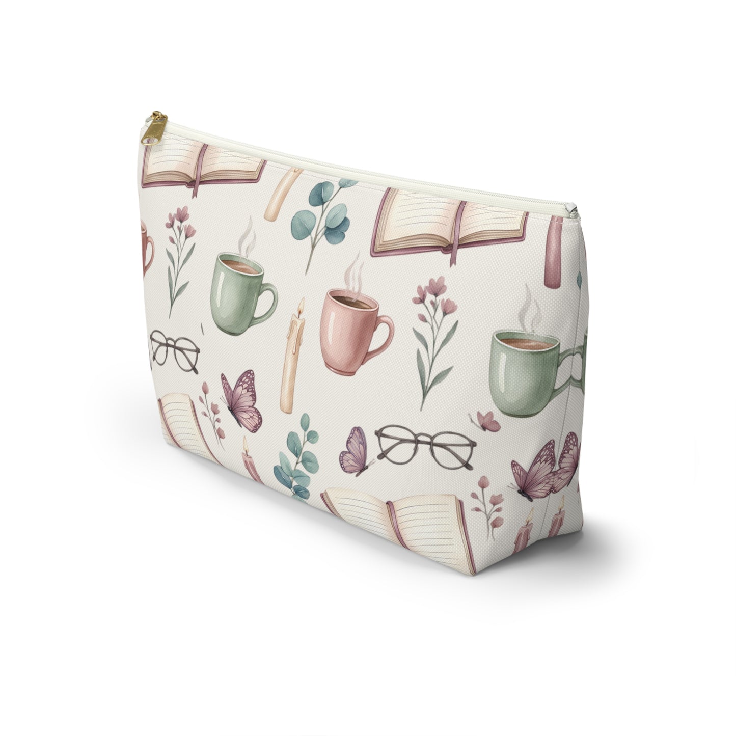 Cozy Reading Accessory Pouch — Book, Tea & Candle Pattern
