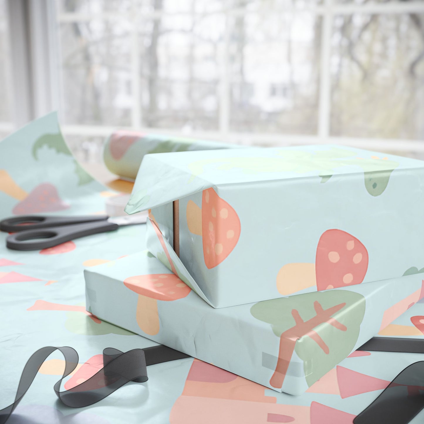 Whimsical Fairy Tale Wrapping Paper – Dragons, Fairies & Castles on Pastel Blue