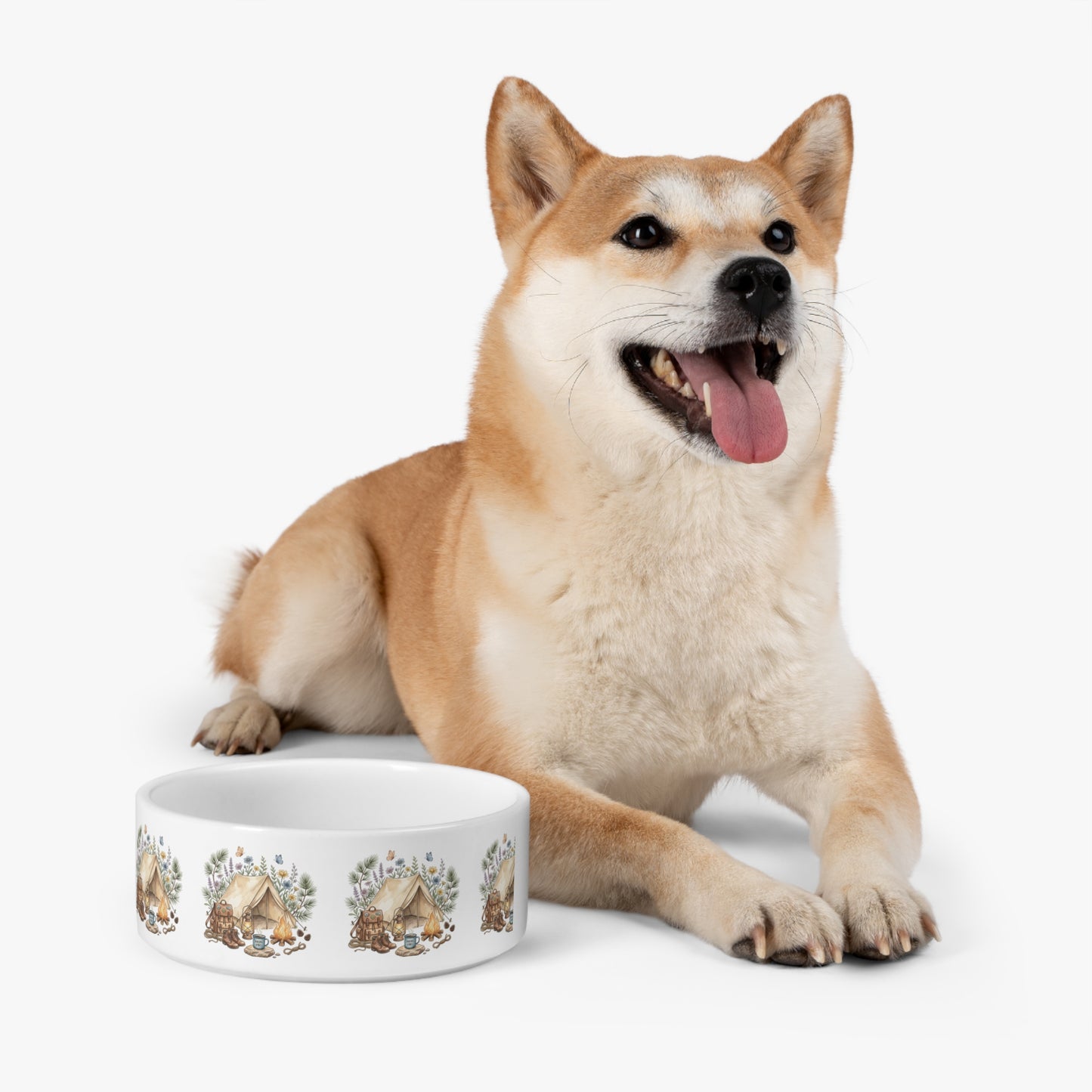 Camping Pet Bowl — Cute Tent & Campfire Design Ceramic Dog Food Bowl