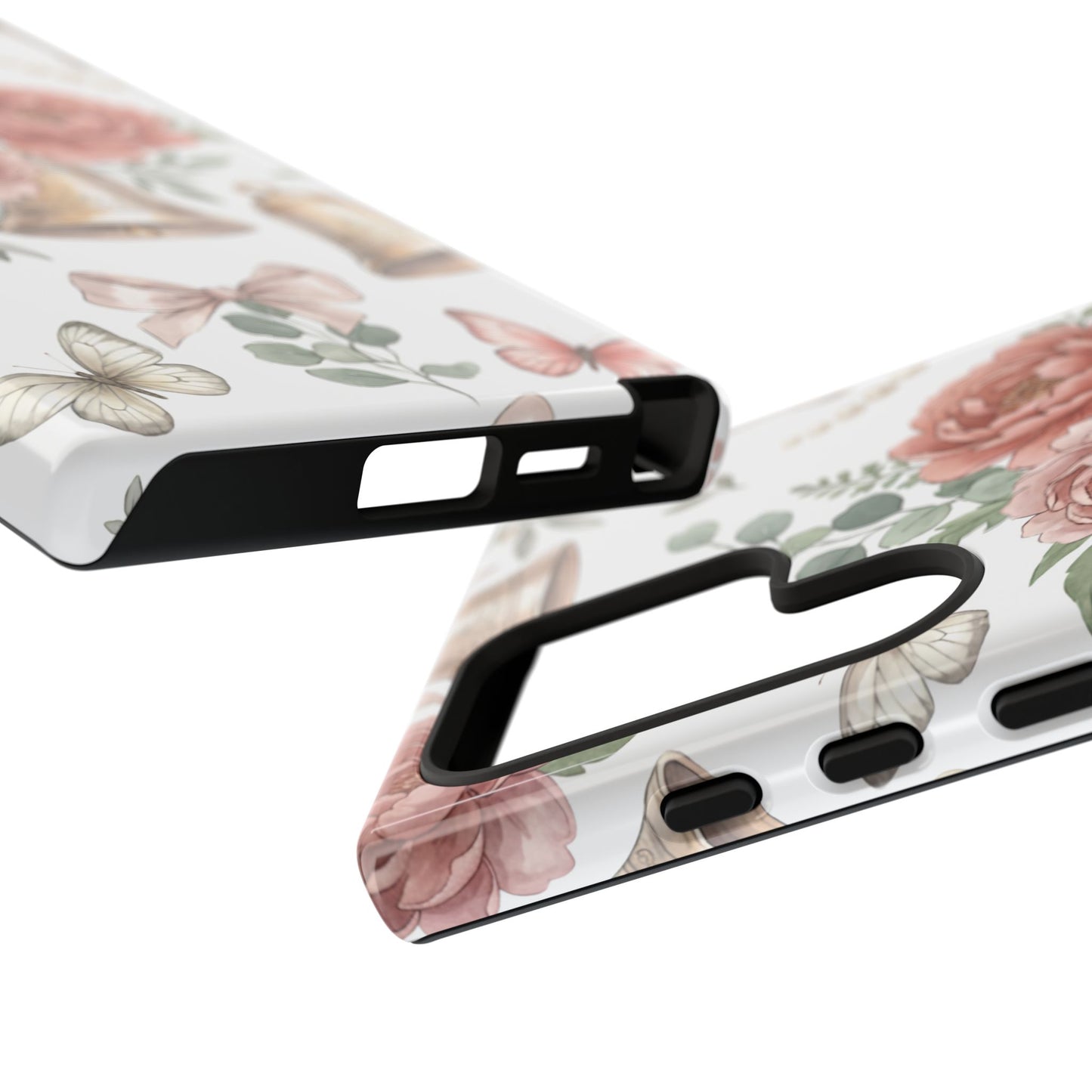Floral Wedding Bells Phone Case — Vintage Roses, Butterflies & Bow Protective Tough Case