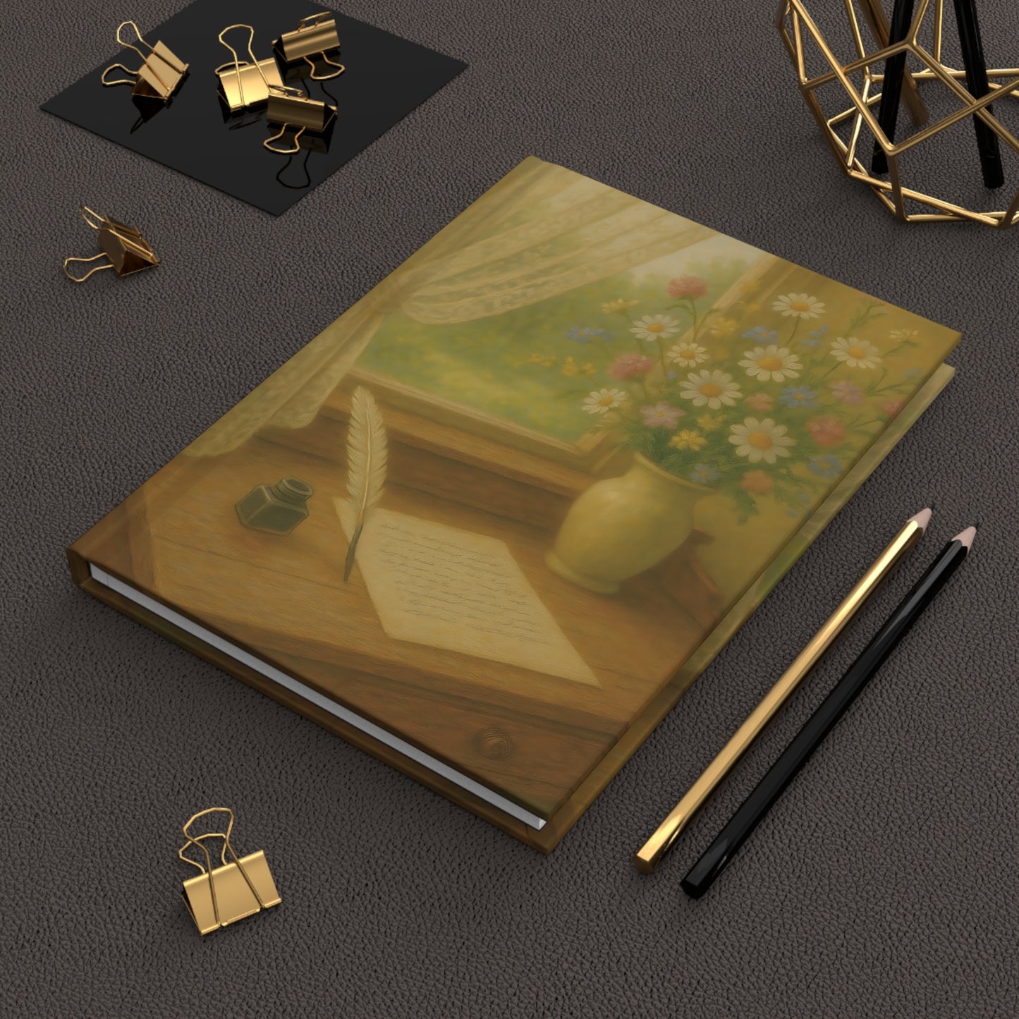 Sunlit Writing Desk Journal – Vintage Floral Window Scene Hardcover Notebook