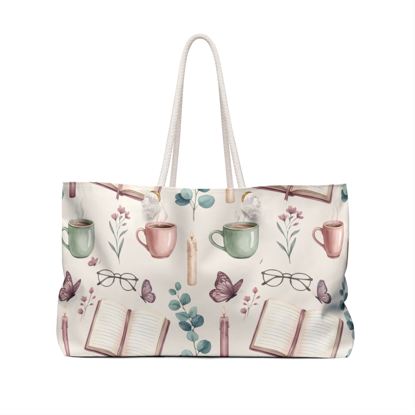 Cozy Reader Weekender Bag — Floral Books & Coffee Travel Tote