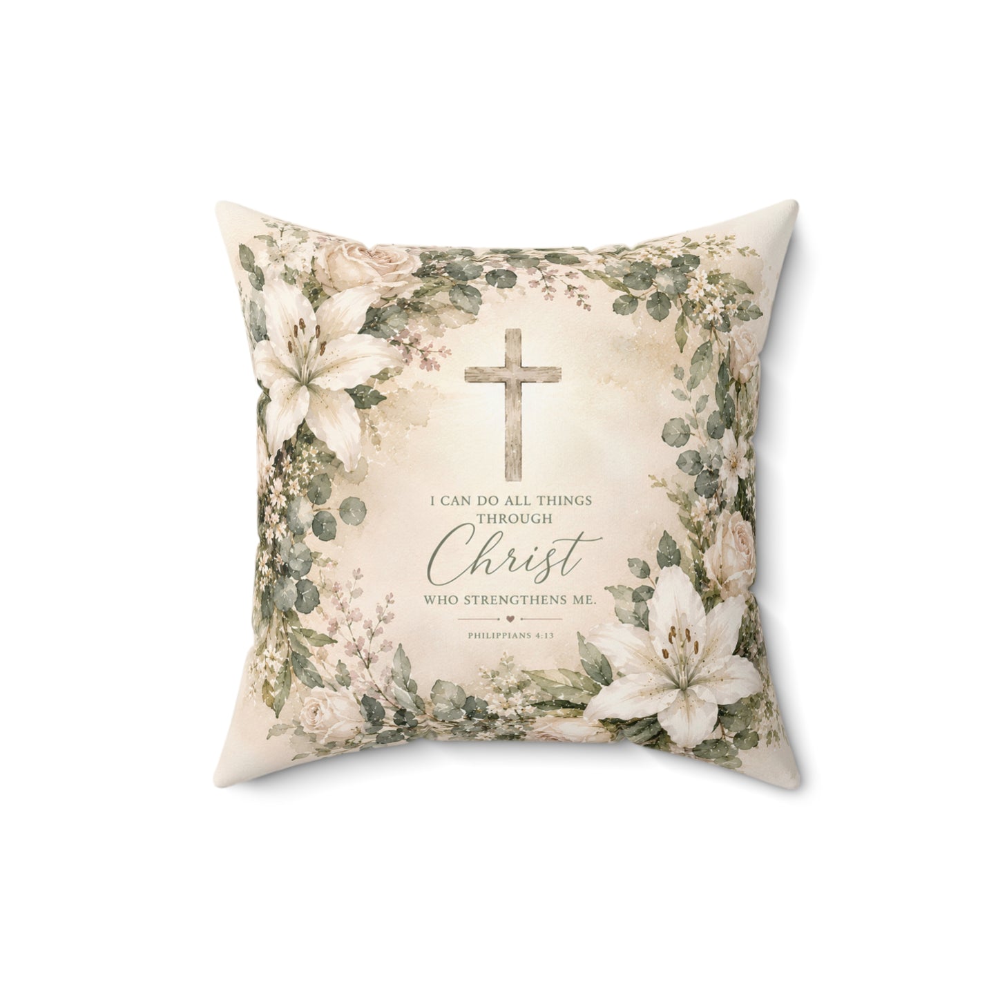 Christian Floral Cross Pillow — "I Can Do All Things Through Christ" Inspirational Decorative Cushion