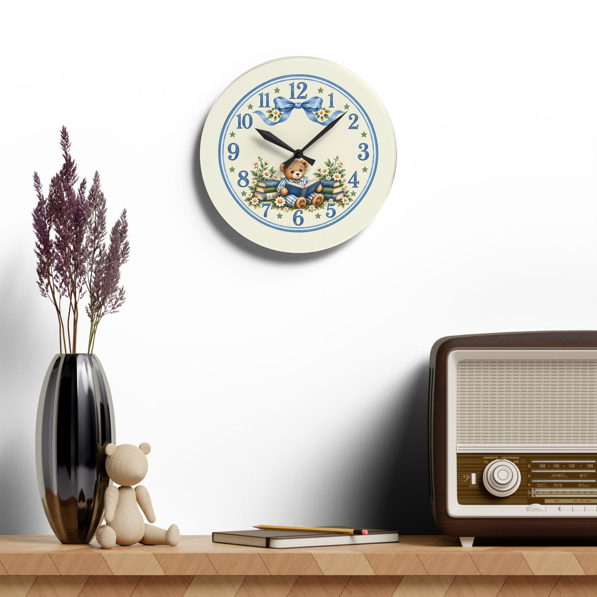 Vintage Teddy Bear Floral Acrylic Wall Clock