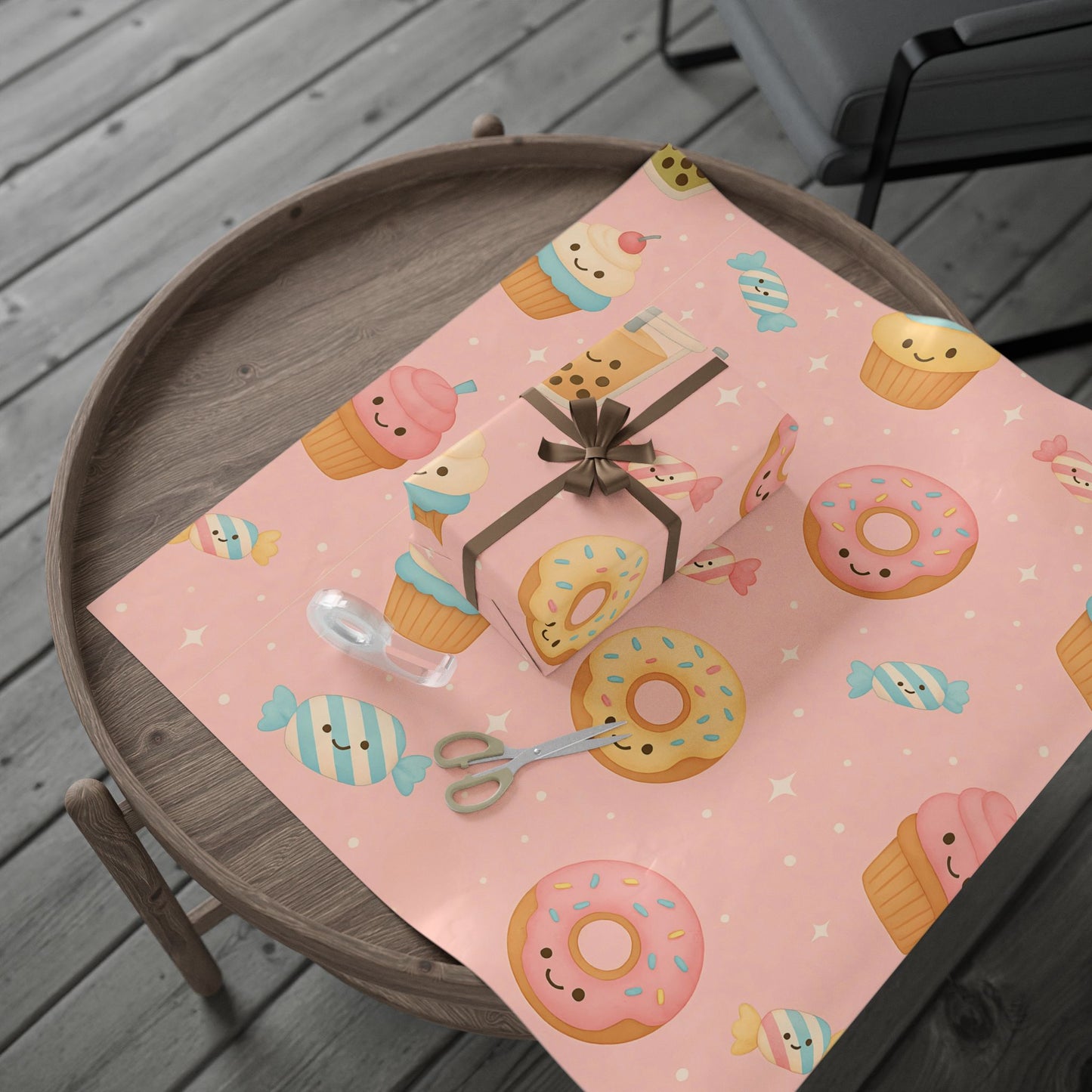 Sweet Treats Kawaii Wrapping Paper – Donuts, Boba, Cupcakes & Candy on Pink
