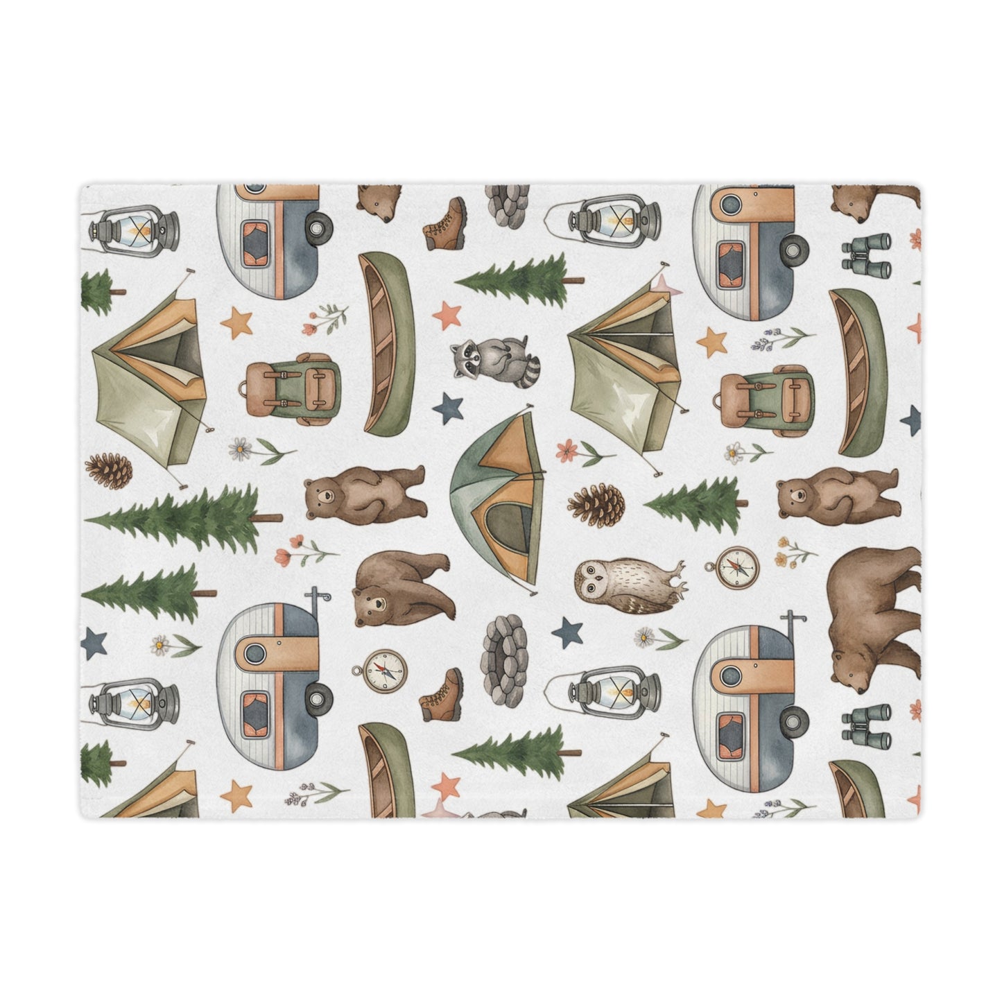 Camping Pattern Minky Blanket — Cozy Outdoor Adventure Throw with Tents, Campfire & Wildlife