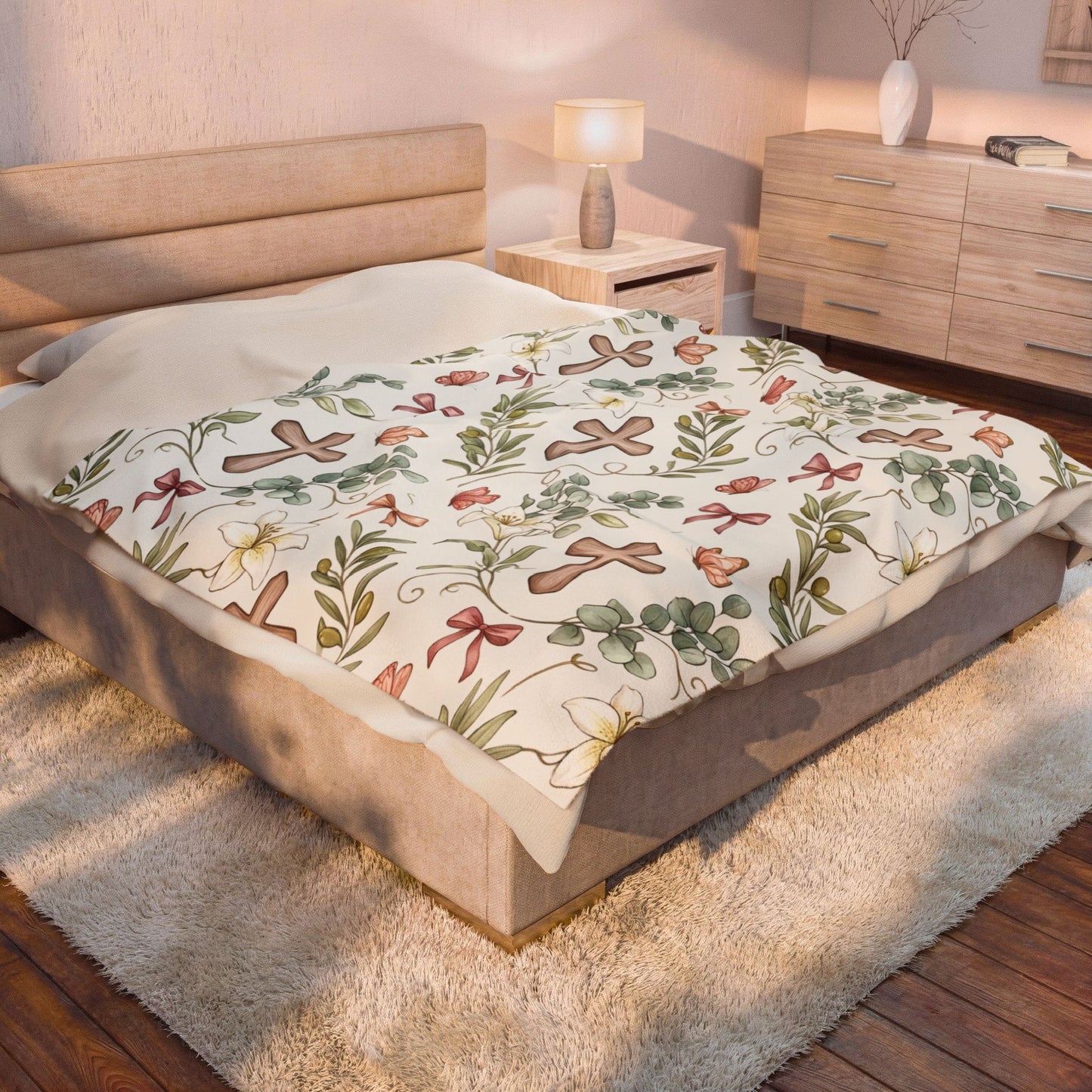 Religious Floral Cross Velveteen Plush Blanket — Soft Christian Comfort Throw