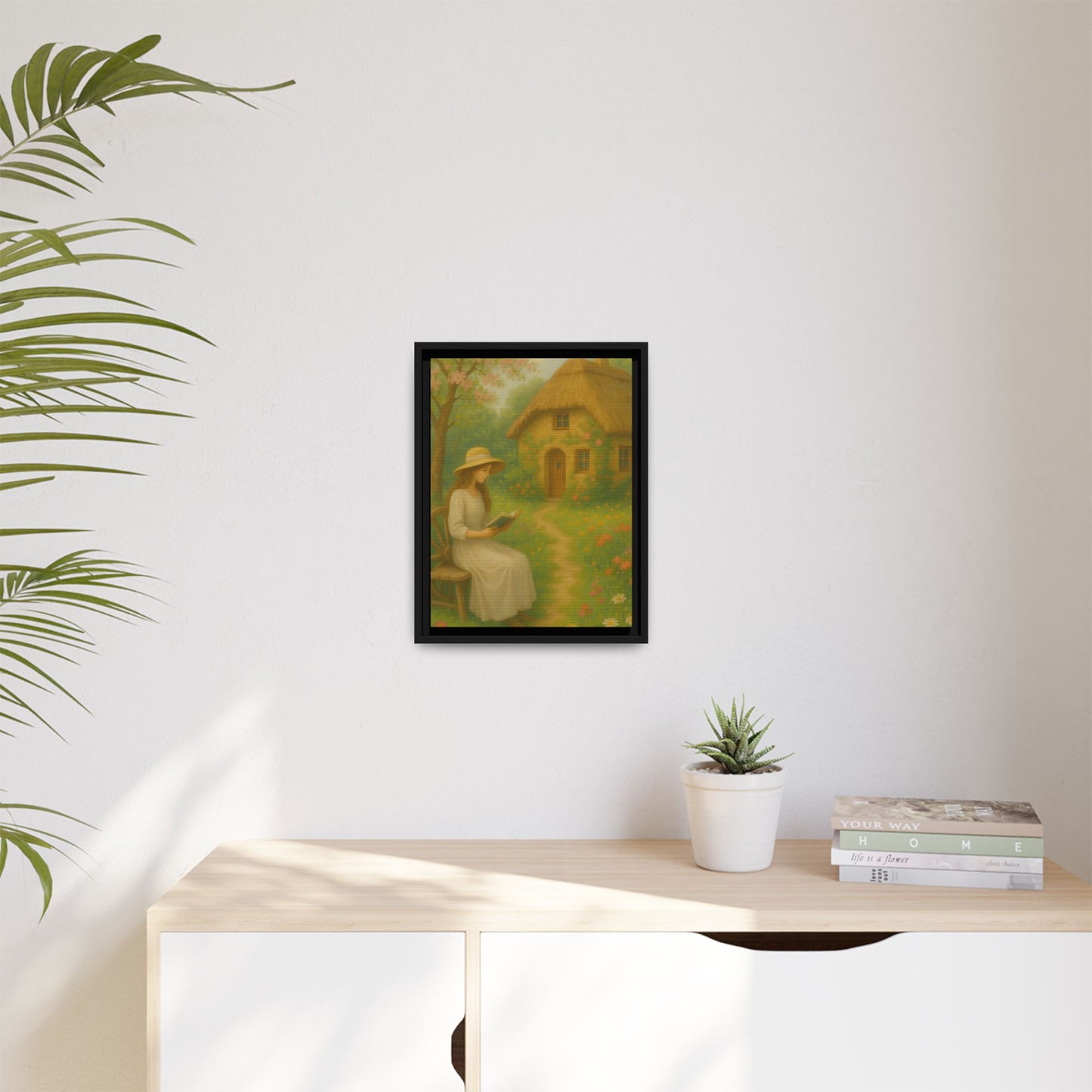 Cottage Garden Reader – Framed Matte Canvas Wall Art of Woman Reading by a Thatched Cottage