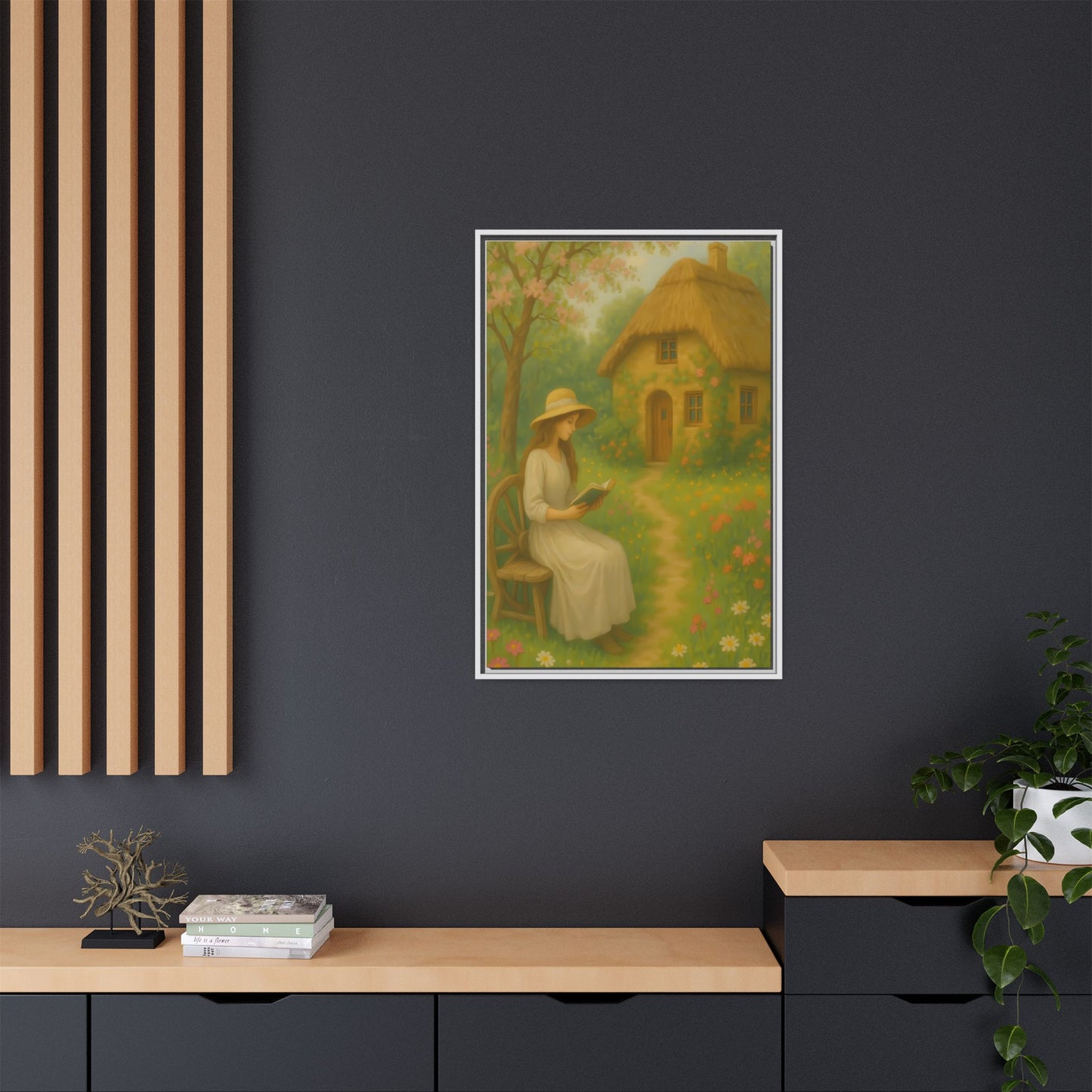 Cottage Garden Reader – Framed Matte Canvas Wall Art of Woman Reading by a Thatched Cottage