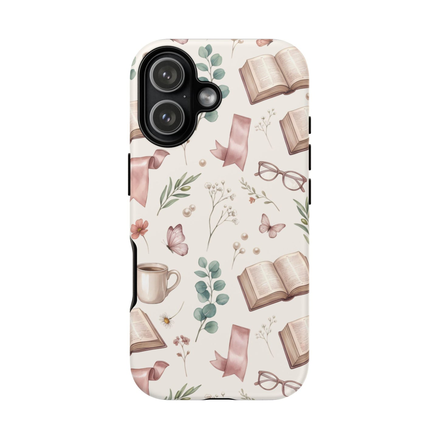 Bookish Floral Phone Case — Cozy Reading Pattern with Open Books, Glasses & Coffee