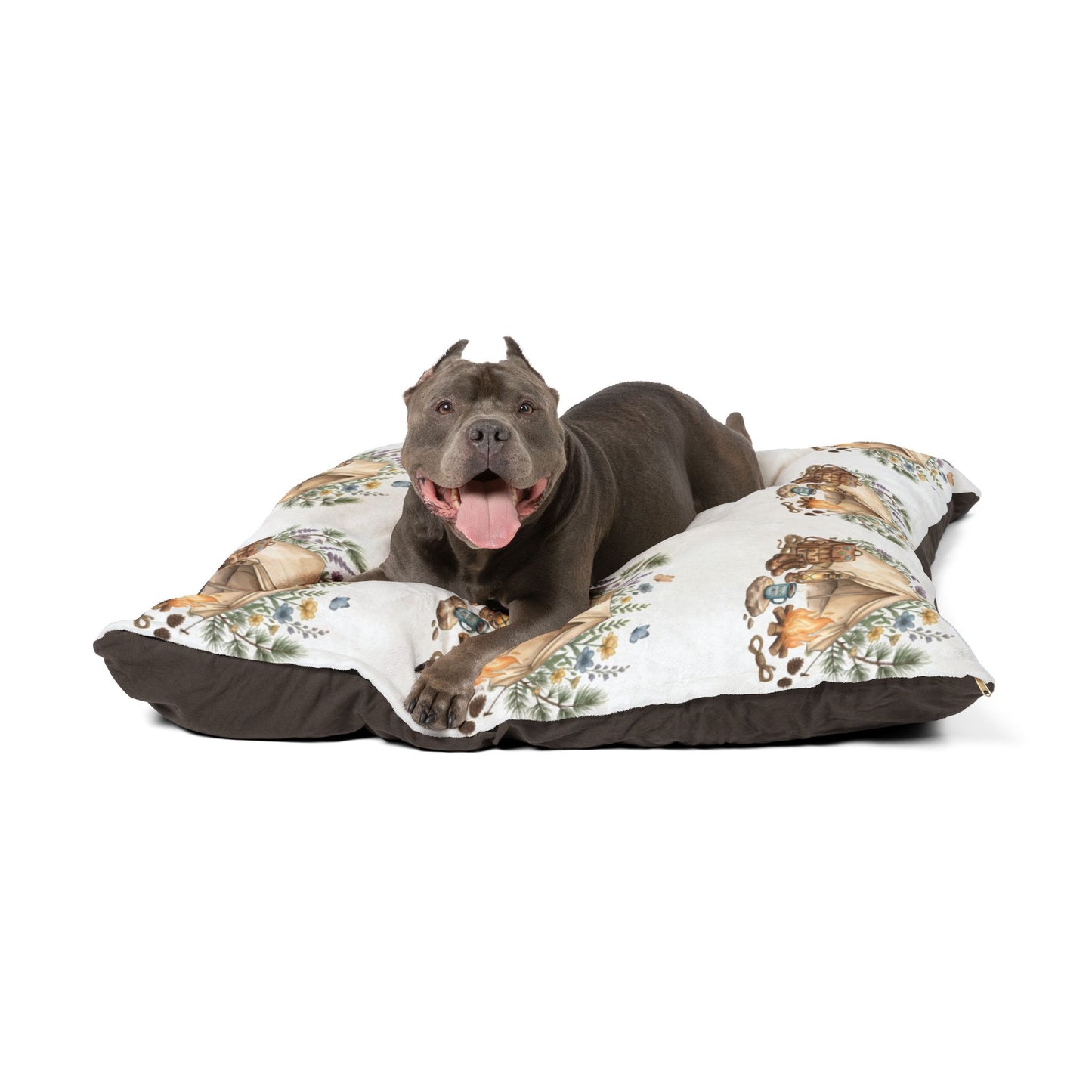 Cozy Camping Pet Bed — Watercolor Tent & Paw Print Pattern