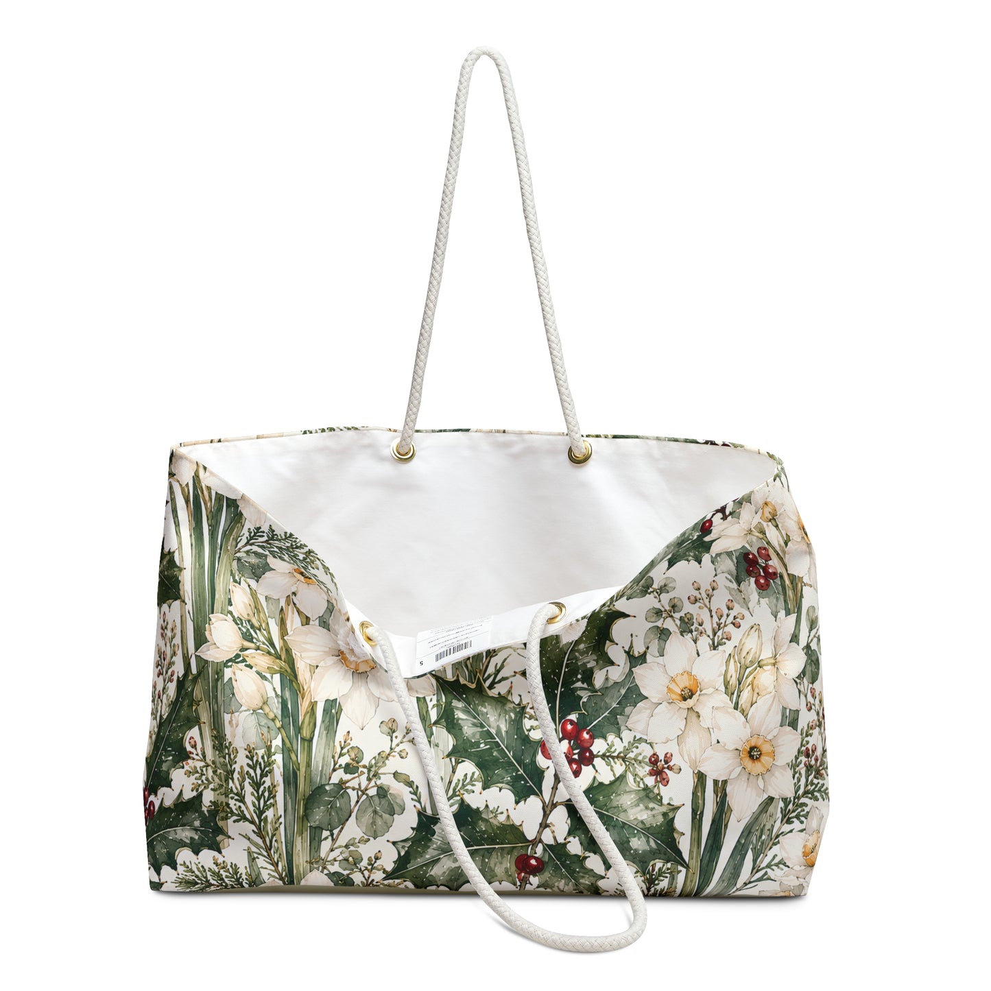 Floral Winter Weekender Bag – White Narcissus & Holly Travel Tote