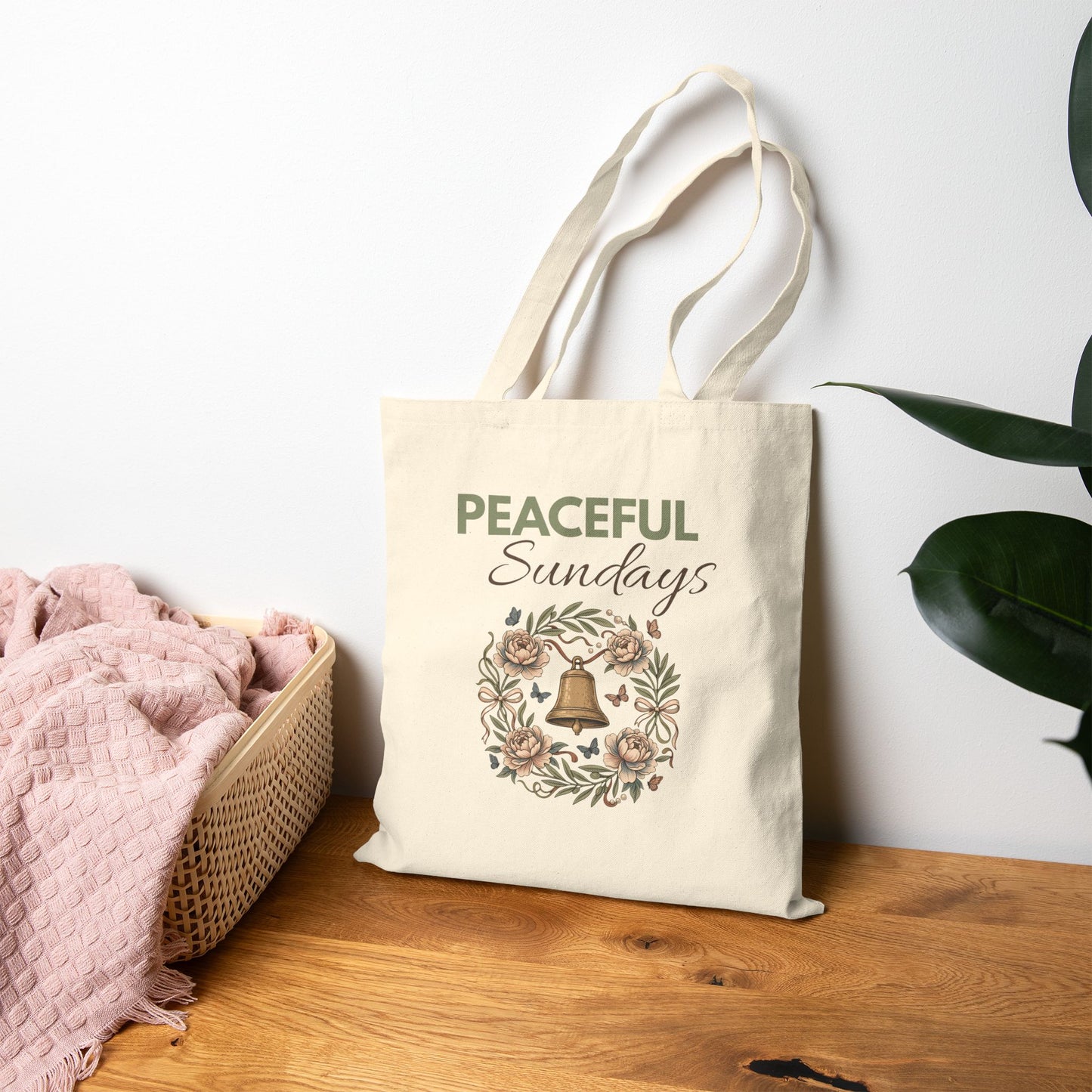 Tote Bag — "Peaceful Sundays" Floral Wreath Canvas Tote