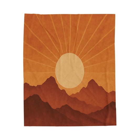 Desert Sunset Mountains Velveteen Plush Blanket – Burnt Orange & Terracotta Landscape Throw